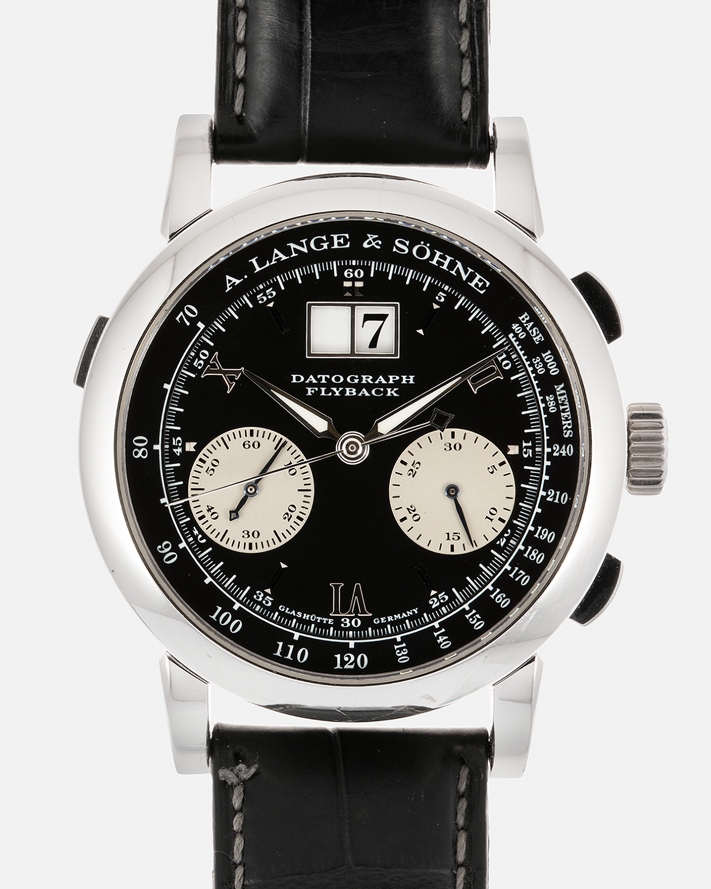Brand: A. Lange & Söhne Year: 2007 Model: Datograph Reference Number: 403.035 Material: Platinum Movement: A. Lange & Söhne Cal. L951.1, Manual-Winding Case Diameter: 39mm Strap: A. Lange & Söhne Dark Grey Textured Calf with Signed Platinum Tang Buckle