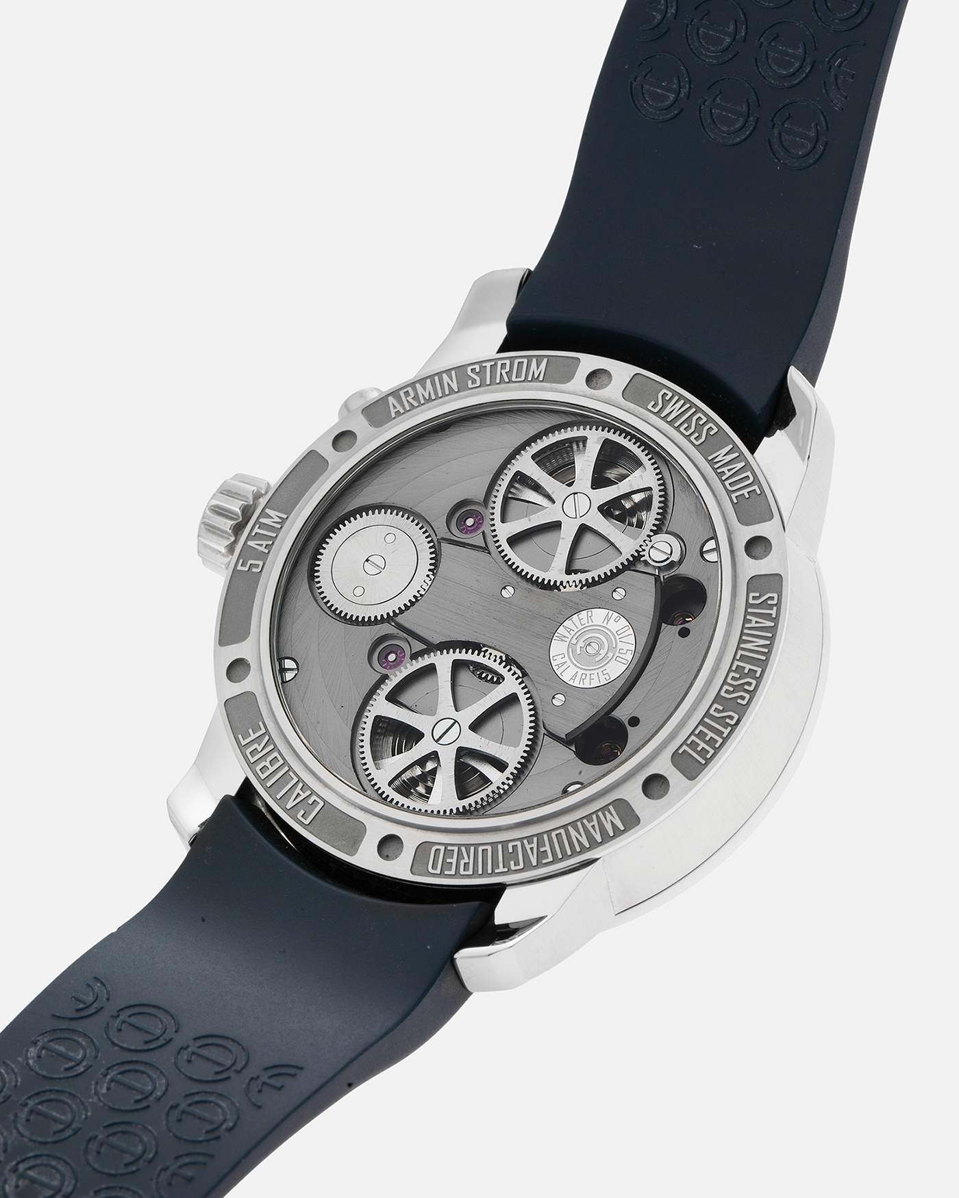 Brand: Armin Strom Year: 2017 Model: Mirrored Force Resonance ‘Water’, Limited Edition of 50 pieces Material: Stainless Steel Movement: Armin Strom Resonance Cal. ARF15, Manual-Winding Case Dimensions: 43.4mm x 13mm Lug Width: 22mm Strap: Armin Strom Dark Navy Rubber Strap with Signed Stainless Steel Tang Buckle