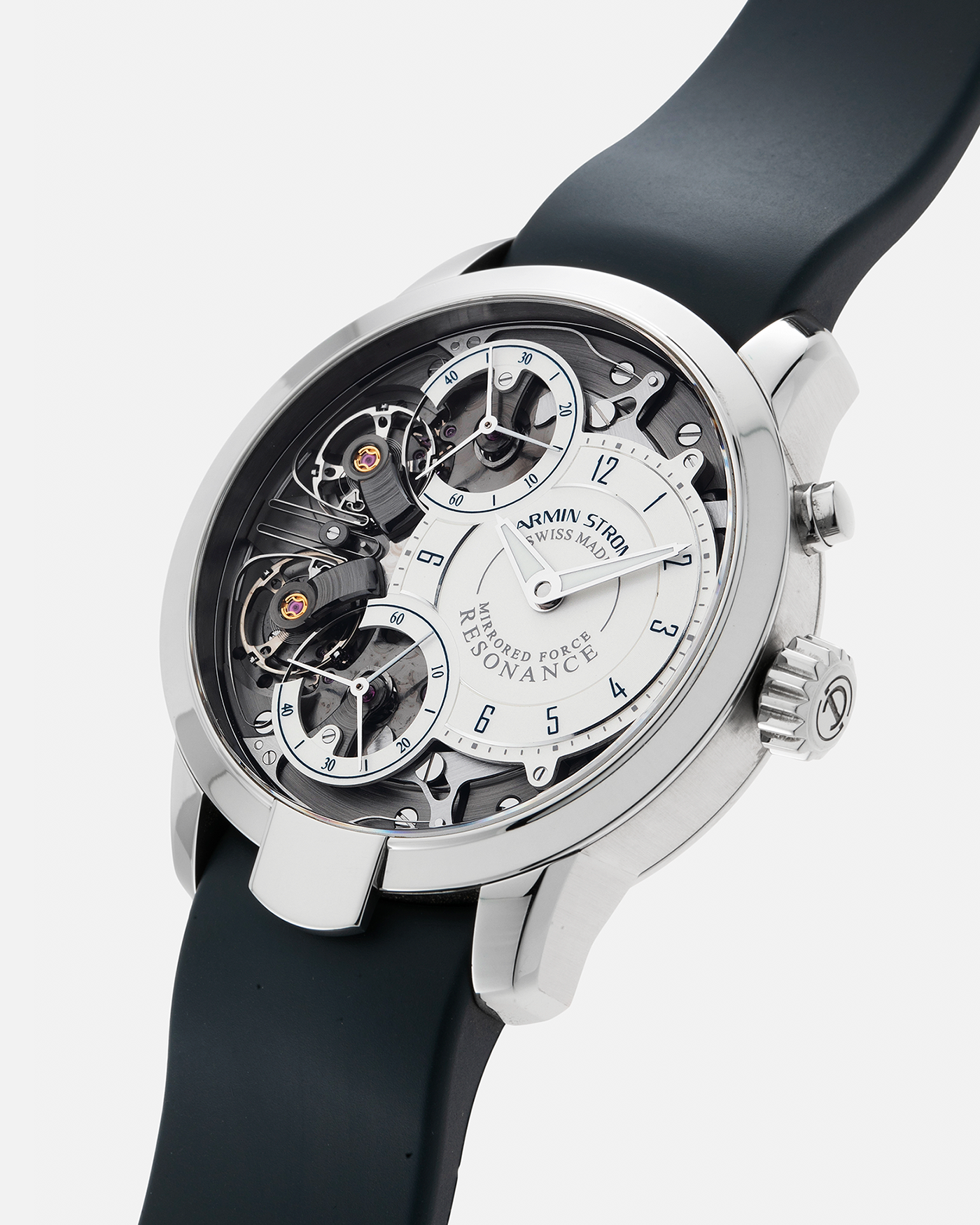 Brand: Armin Strom Year: 2017 Model: Mirrored Force Resonance ‘Water’, Limited Edition of 50 pieces Material: Stainless Steel Movement: Armin Strom Resonance Cal. ARF15, Manual-Winding Case Dimensions: 43.4mm x 13mm Lug Width: 22mm Strap: Armin Strom Dark Navy Rubber Strap with Signed Stainless Steel Tang Buckle
