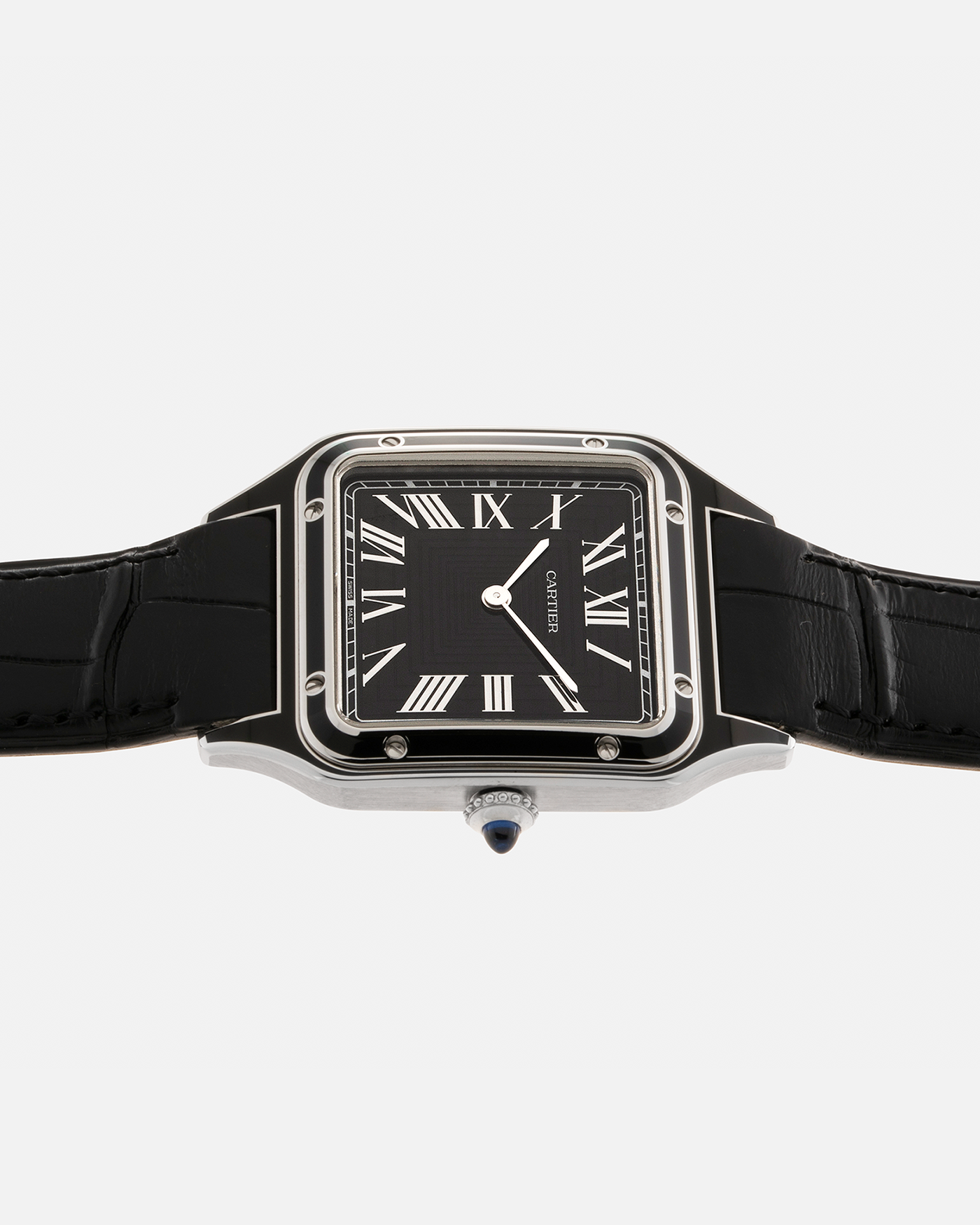 Brand: Cartier Year: 2023 Model: Santos-Dumont Large Reference: CRWSSA0046 Material: Stainless Steel, Black Lacquer Movement: Cartier Cal. 430 MC, Manual-Winding Case Diameter: 43.5mm x 31.4mm Strap: Cartier Black Alligator Leather Strap with Signed Stainless Steel Tang Buckle
