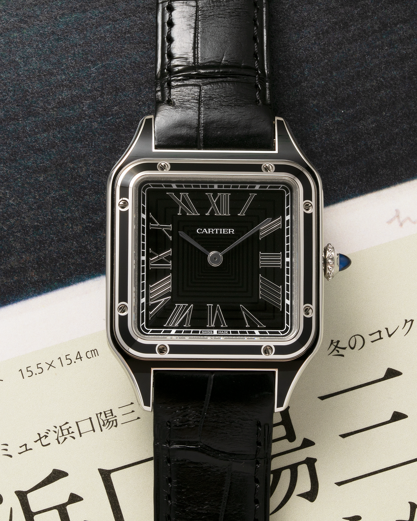 Brand: Cartier Year: 2023 Model: Santos-Dumont Large Reference: CRWSSA0046 Material: Stainless Steel, Black Lacquer Movement: Cartier Cal. 430 MC, Manual-Winding Case Diameter: 43.5mm x 31.4mm Strap: Cartier Black Alligator Leather Strap with Signed Stainless Steel Tang Buckle