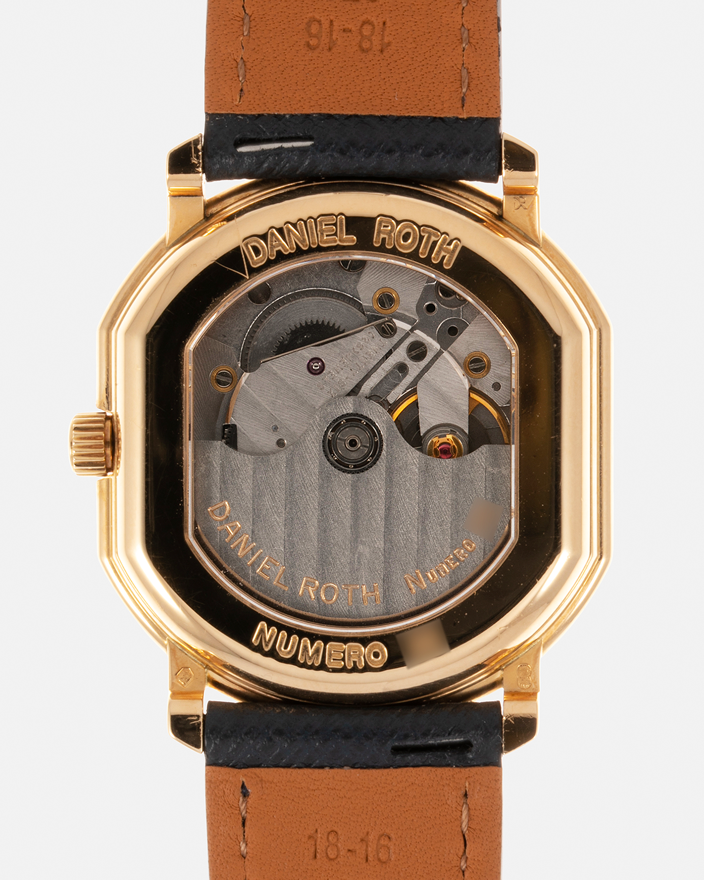 Brand: Daniel Roth Year: 1990’s Model: Seconds at Six, Mid-Size Material: 18-carat Yellow Gold  Movement: Lemania Cal. 1918, Self-Winding Case Dimensions: 35mm x 32mm Lug Width: 18mm Strap: Molequin Navy Textured Calf Leather Strap with Generic Stainless Steel Tang Buckle
