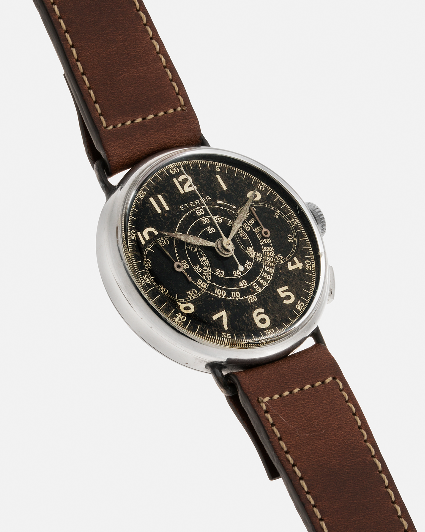 Brand: Eterna Year: 1940’s Serial Number: 2469370 Material: Stainless Steel (Staybrite) Movement: Cal. 703 (Based on Valjoux Cal. 22), Manual-Winding Case Diameter: 38mm Lug Width: 18mm Strap: Curious Curio Brown Open End Calf Leather Strap