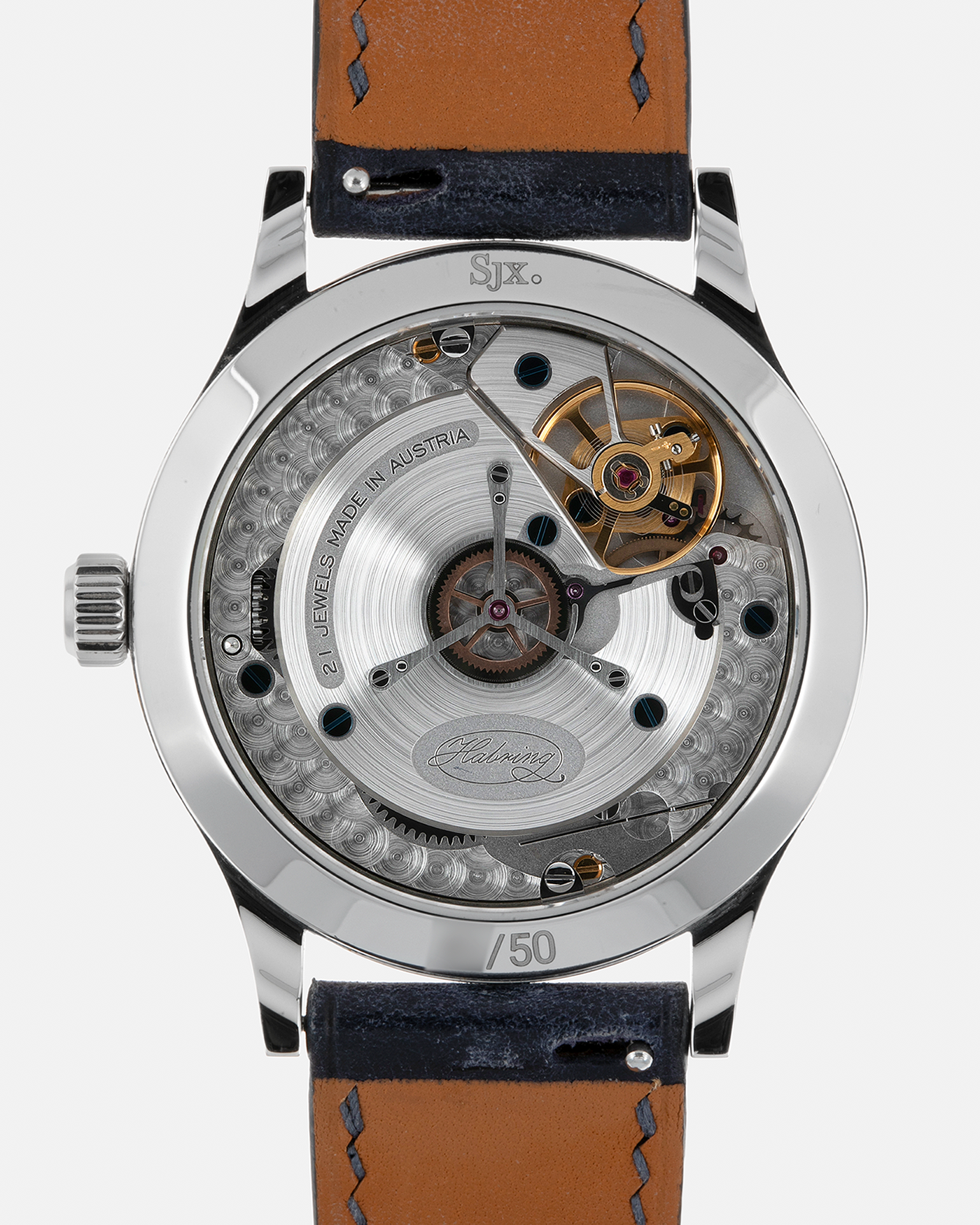 Brand: Habring² Model: Erwin “Star” SJX Edition One, Limited Edition of 50 Pieces Year: 2021 Material: Stainless Steel  Movement: Habring² Cal. A11s (Based on the Valjoux Cal. 7750), Manual-Winding Case Diameter: 38.5mm Lug Width: 20mm Strap: Habring² Blue Calf Strap and Stainless Steel Tang Buckle