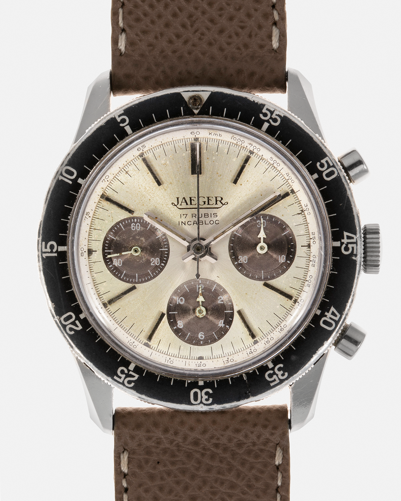 Brand: Jaeger Year: 1968 Model: 4 ATM Reference Number: E.13001 Serial Number: 442745 Material: Stainless Steel Movement: Valjoux Cal. 72, Manual-Winding Case Diameter: 41mm Lug Width: 22mm Strap: Generic Taupe Leather Strap