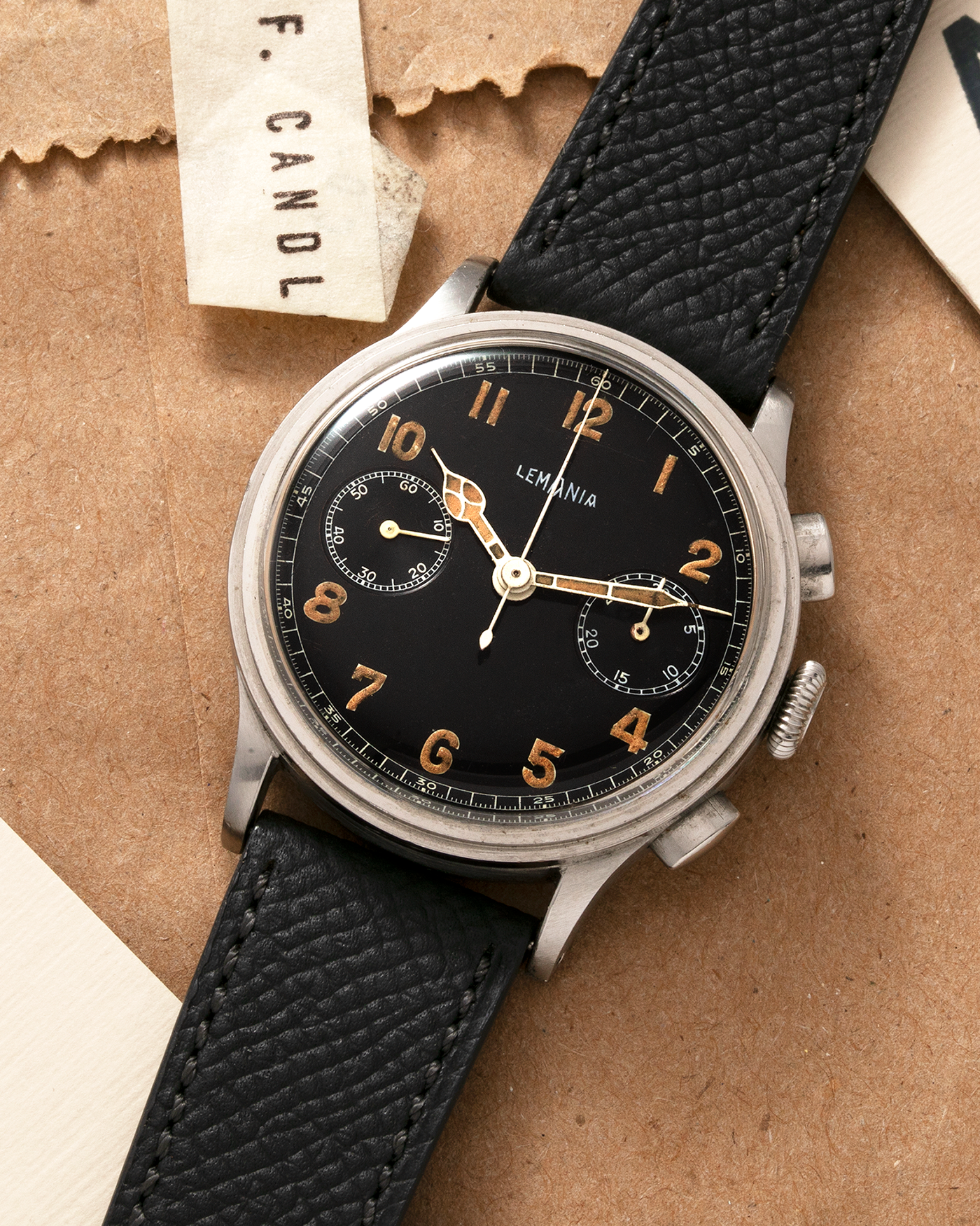 Brand: Lemania Year: 1940’s Model: 15TL Material: Stainless Steel Movement: Lemania Cal. 15TL, Manual-Winding Case Diameter: 38mm Strap: Molequin Anthracite Grey Textured Calf Leather Strap