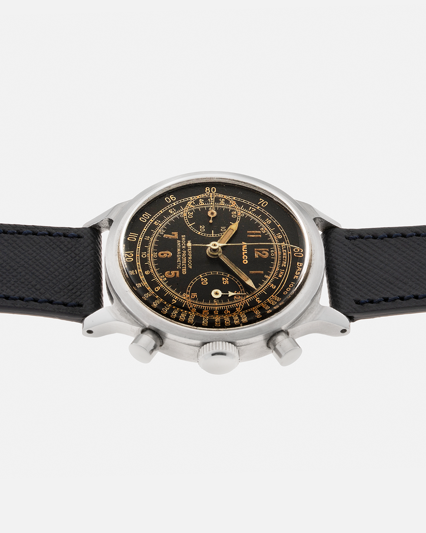 Brand: Mulco Year: 1940s Material: Stainless Steel Movement: Valjoux Cal. 22, Manual-Winding Case Diameter: 38mm (Spillman Case) Lug Width: 19mm Strap: Molequin Navy Textured Calf Leather Strap
