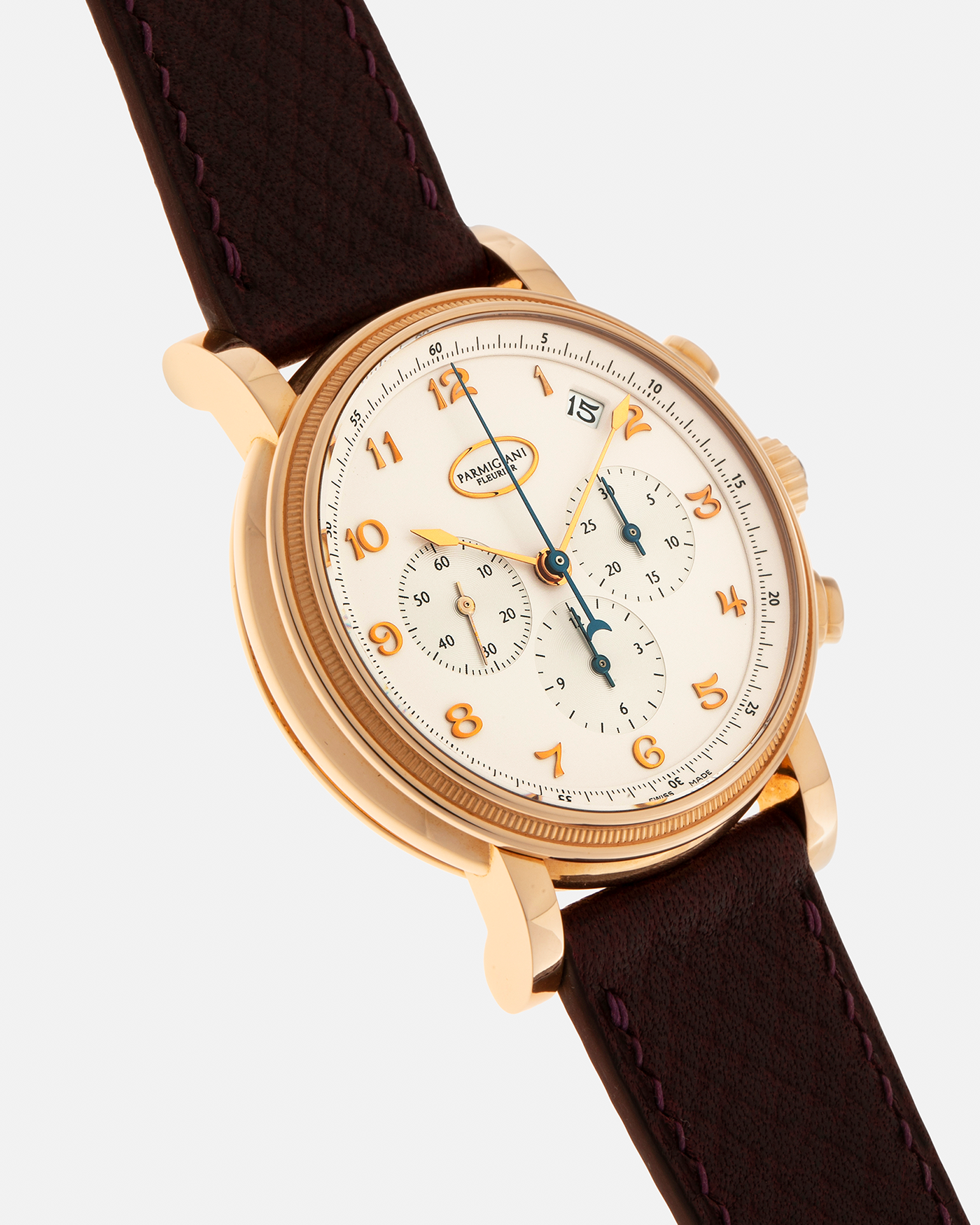 Brand: Parmigiani Fleurier Year: 2000s Model: Toric Chronograph Material: 18-carat Rose Gold Movement: Parmigiani Fleurier Cal. PF 190 (Based on the Zenith El Primero 400z), Self-Winding Case Diameter: 39.5mm Lug Width: 20mm Strap: Delugs Burgundy Textured Calf Leather with Signed 18-carat Rose Gold Tang Buckle