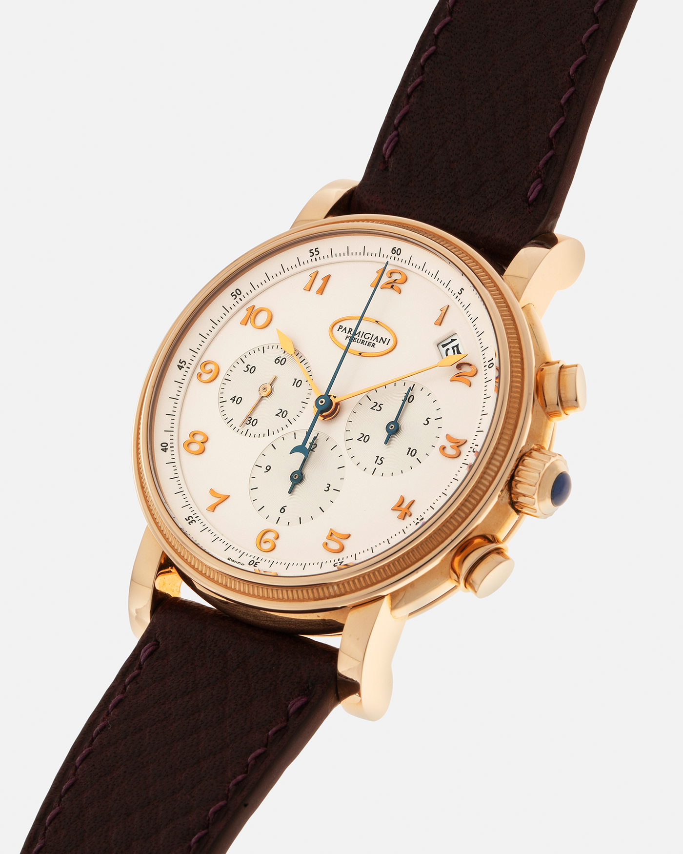 Brand: Parmigiani Fleurier Year: 2000s Model: Toric Chronograph Material: 18-carat Rose Gold Movement: Parmigiani Fleurier Cal. PF 190 (Based on the Zenith El Primero 400z), Self-Winding Case Diameter: 39.5mm Lug Width: 20mm Strap: Delugs Burgundy Textured Calf Leather with Signed 18-carat Rose Gold Tang Buckle