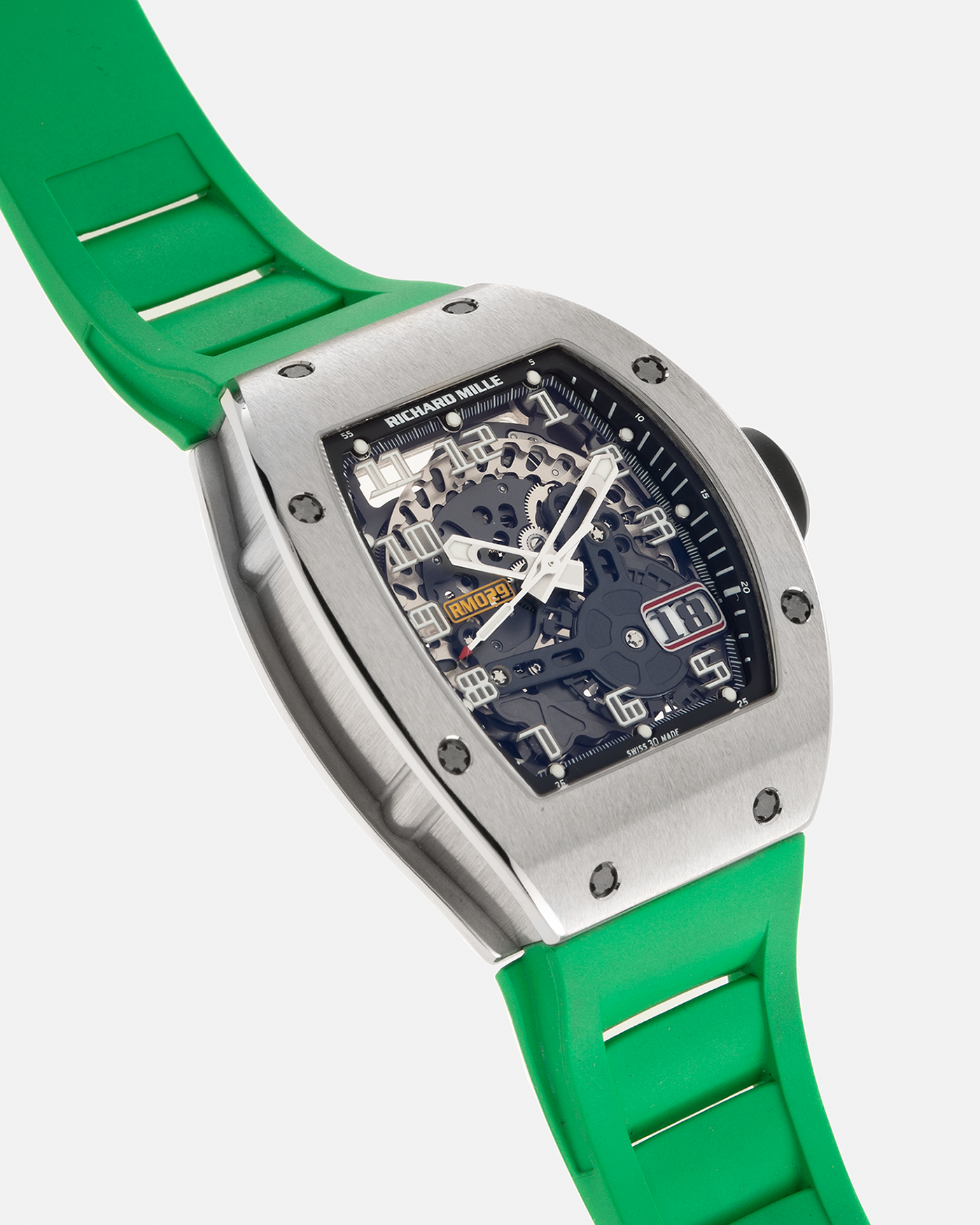 Brand: Richard Mille Year: 2014 Model: RM029 Case Material: 18-carat White Gold Movement: Richard Mille Cal. RMAS7, Self-Winding Case Dimensions: 39.7mm x 48mm  Strap: Richard Mille Green Rubber Strap with Signed Titanium Deployant Clasp, with two additional White and Black Richard Mille Rubber Straps