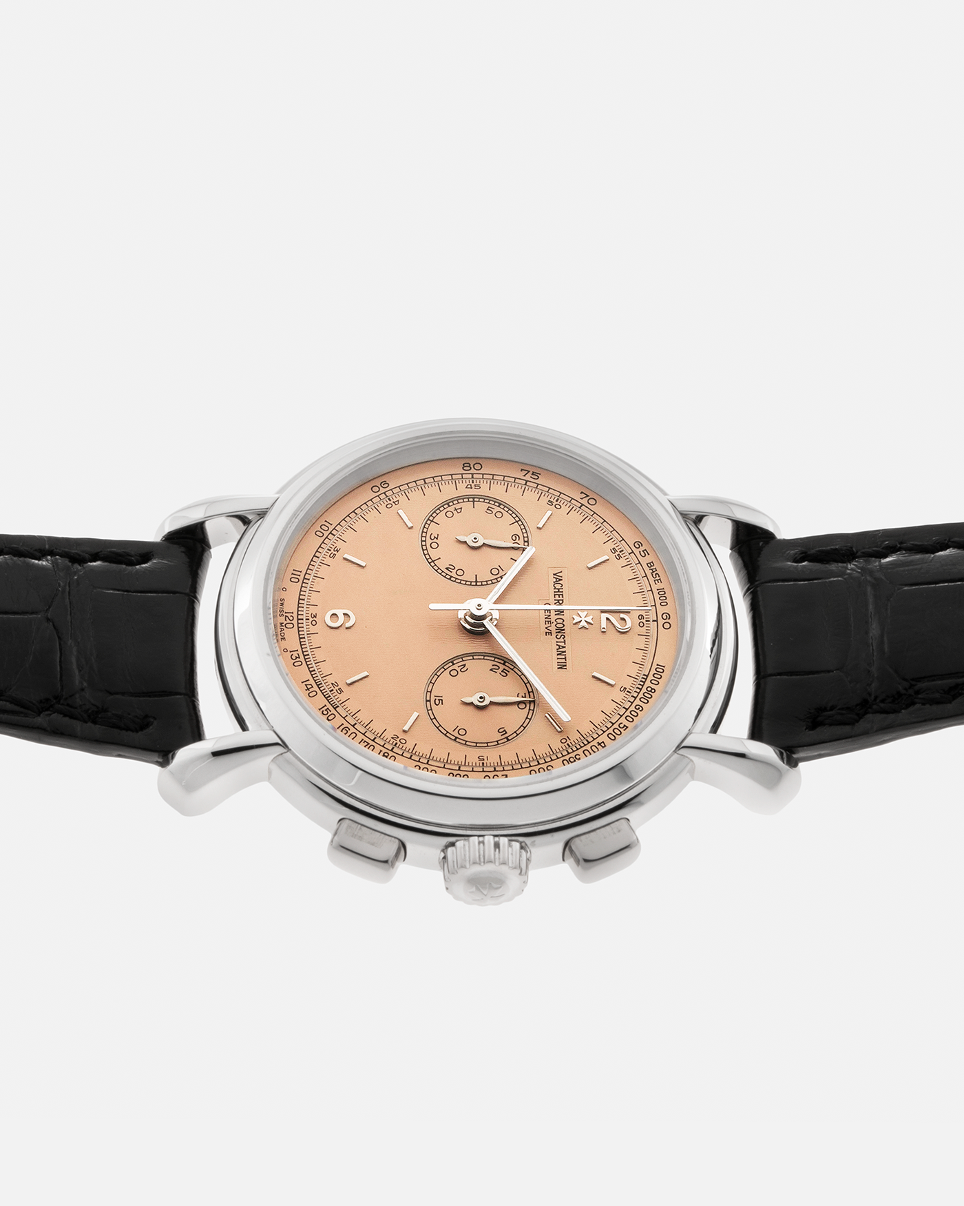 Brand: Vacheron Constantin Year: 1996 Model: Les Historiques Chronograph (Estimated only 60 Examples in this Salmon Dial / Platinum Configuration) Reference Number: 47101/3 Material: Platinum 950 Movement: Lemania 2310 Based Cal. 1140, Manual-Winding Case Diameter: 37mm Lug Width: 18mm Bracelet: Vacheron Constantin Black Alligator Strap and Vacheron Constantin Platinum Tang Buckle