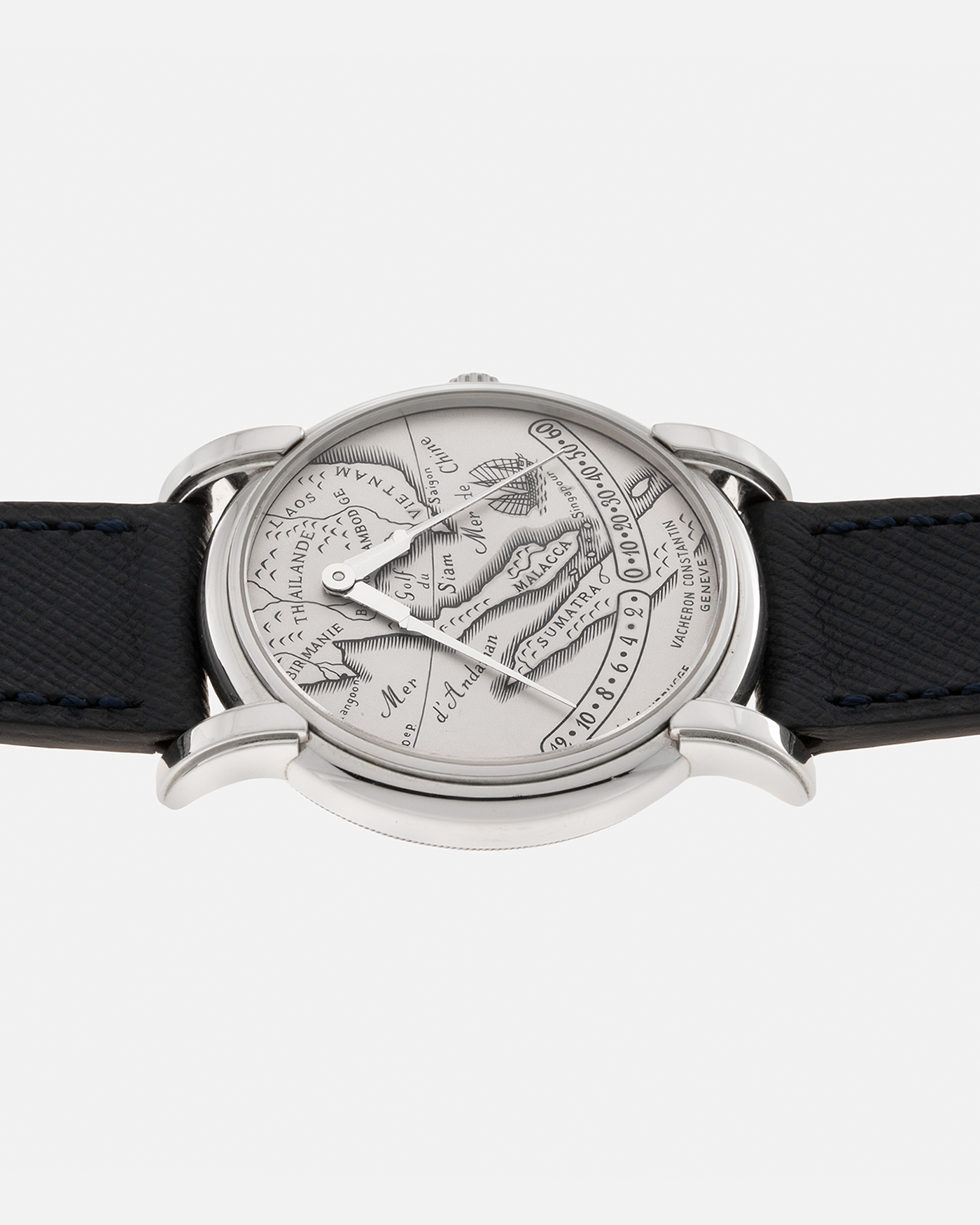 Brand: Vacheron Constantin Year: 1999 Model: Mercator, Southeast Asia Limited Edition of 20 pieces Reference Number: 43050 Material: Platinum Movement: Vacheron Constantin Cal. 1120 M (JLC Cal. 920 derived), Self-Winding Case Diameter: 36mm Lug Width: 19mm Strap: Molequin Navy Blue Textured Calf Leather Strap with Signed 18-carat White Gold Deployant Clasp