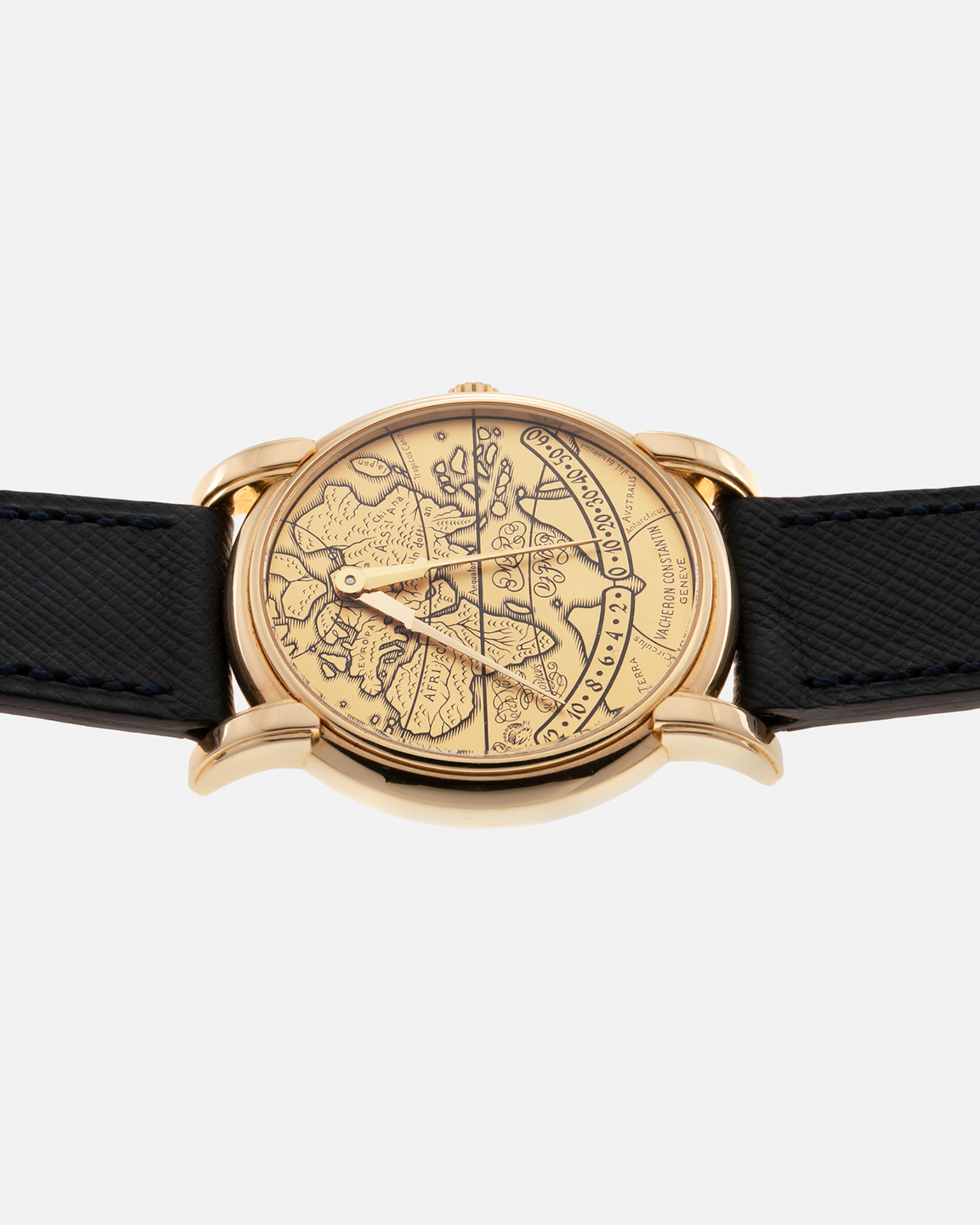 Brand: Vacheron Constantin Year: 1994 Model: Mercator Reference Number: 43050 Material: 18-carat Yellow Gold Case and Engraved Dial filled with Black Enamel Movement: Vacheron Constantin Cal. 1120 M, Self-Winding Case Diameter: 36mm Strap: Molequin Navy Blue Textured Calf Leather Strap with Signed 18-carat Yellow Gold Deployant