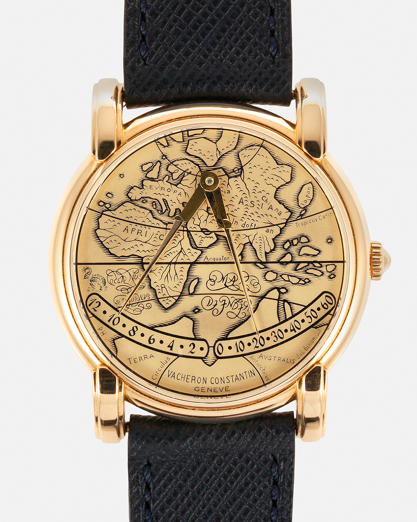 Brand: Vacheron Constantin Year: 1994 Model: Mercator Reference Number: 43050 Material: 18-carat Yellow Gold Case and Engraved Dial filled with Black Enamel Movement: Vacheron Constantin Cal. 1120 M, Self-Winding Case Diameter: 36mm Strap: Molequin Navy Blue Textured Calf Leather Strap with Signed 18-carat Yellow Gold Deployant