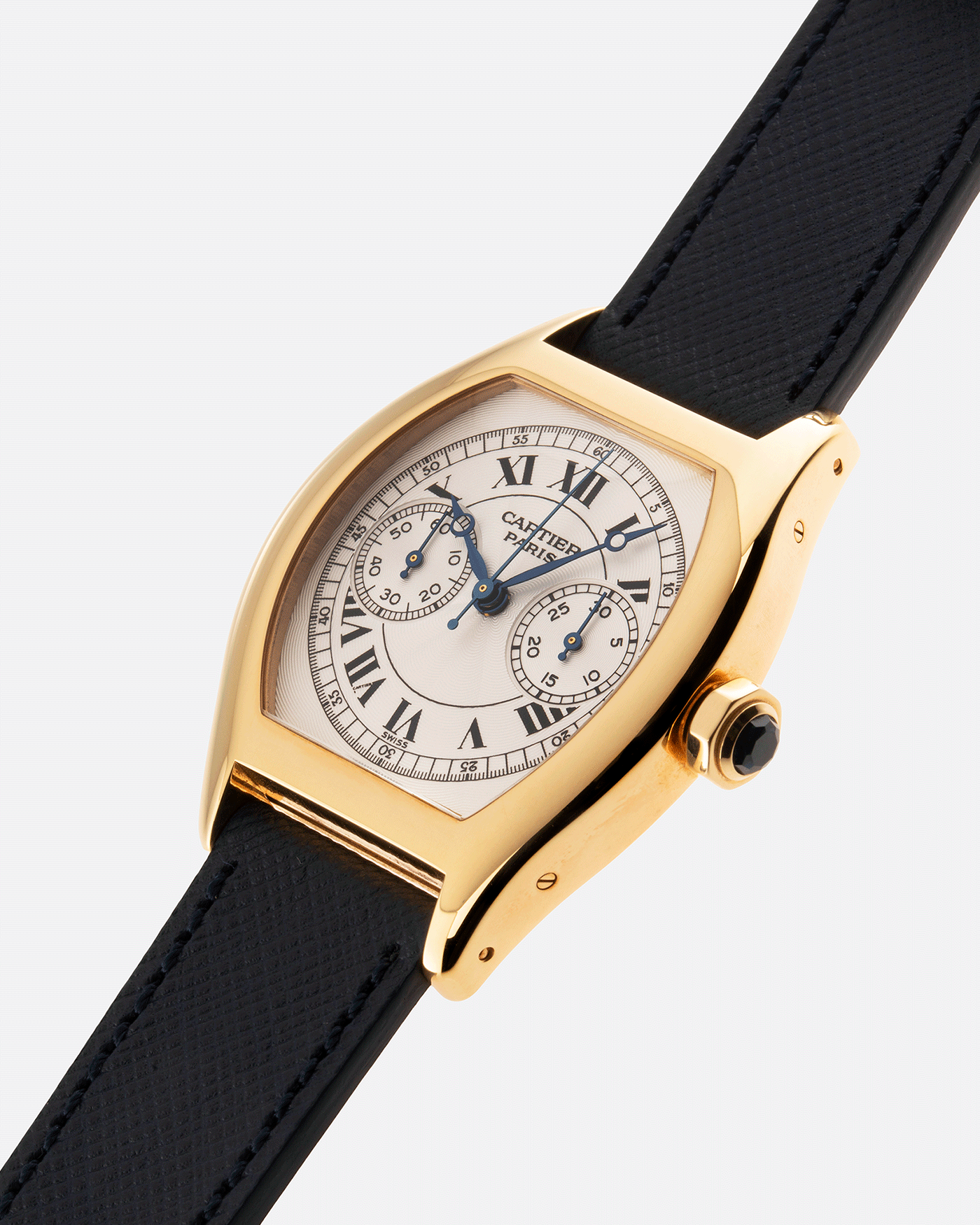 Brand: Cartier Year: 2000’s Model: CPCP Collection Prive Tortue Monopoussoir Reference: 2356E Material: 18k Yellow Gold Movement: THA Cal. 045MC Case Diameter: 43 x 35 mm Strap: Molequin Navy Blue Textured Calf with 18k Cartier Yellow Gold Deployant