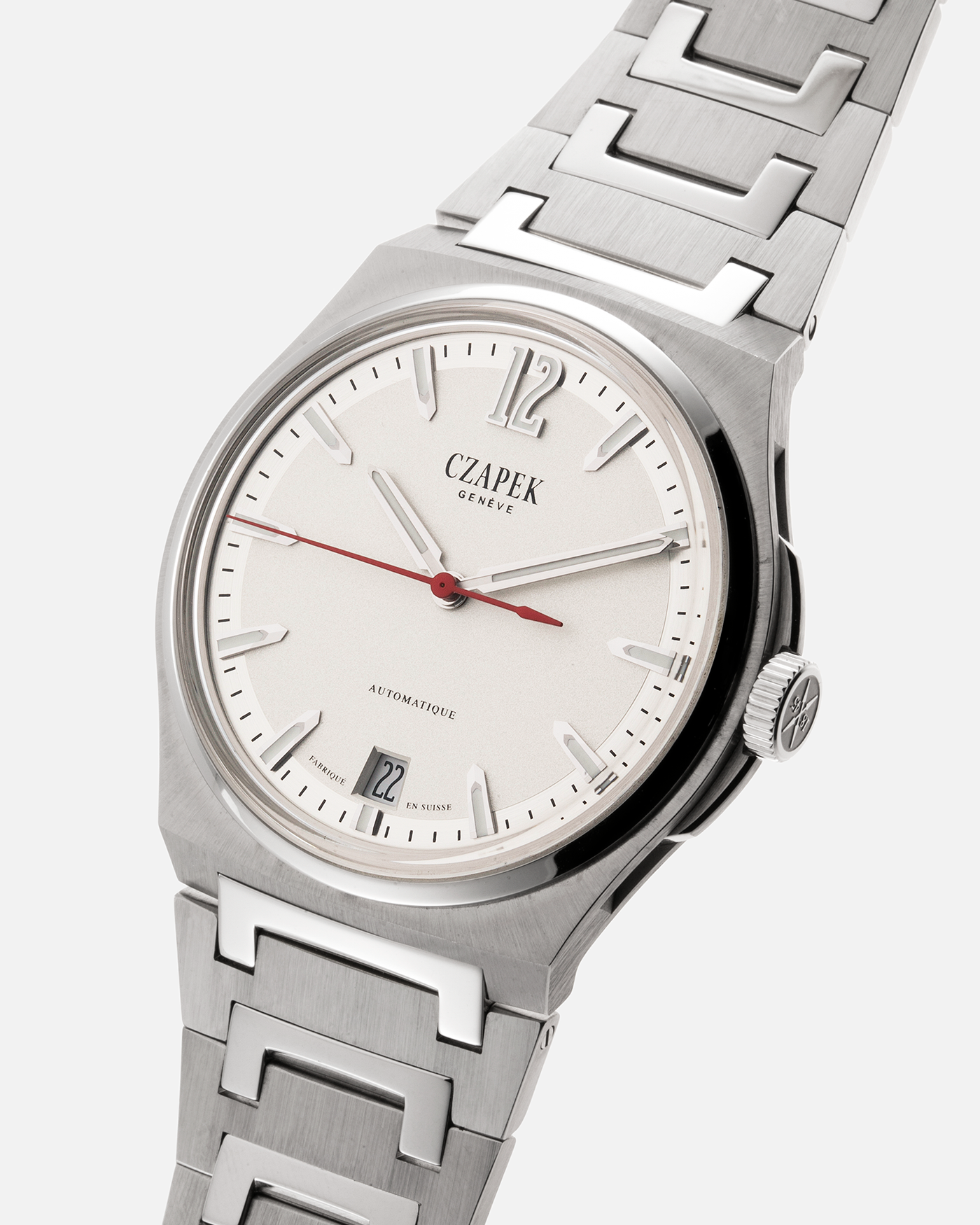 Brand: Czapek  Year: 2021 Model: Antarctique “Monochrome White”, Limited Edition of 33 pieces Material: Stainless Steel Movement: Cal. SXH5, Self-Winding, Platinum Micro-Rotor Case Diameter: 40.5mm Strap: Czapek Integrated Stainless Steel Bracelet with Signed Deployant Clasp and Micro-adjust Mechanism, additional Blue Czapek Rubber Strap with Signed Stainless Steel Deployant Clasp