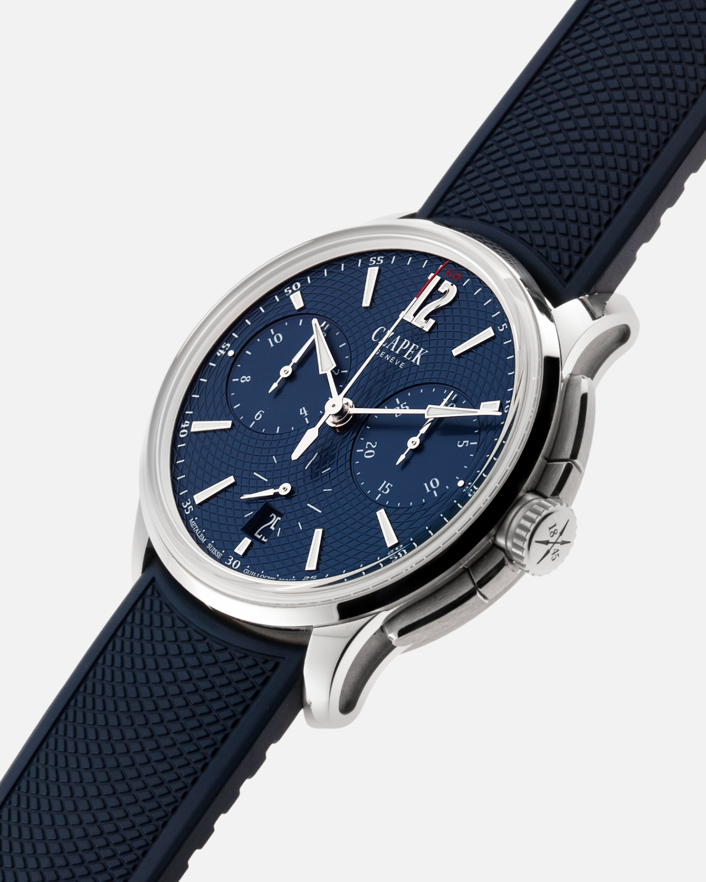 Brand: Czepek  Year: 2018 Model: Faubourg de Cracovie Chronograph L’Heuere Bleu Material: Stainless Steel Movement: Cal. SXH3 Case Diameter: 41.5mm Strap: Czapek Blue Textured Rubber Strap and Stainless Steel Deployant