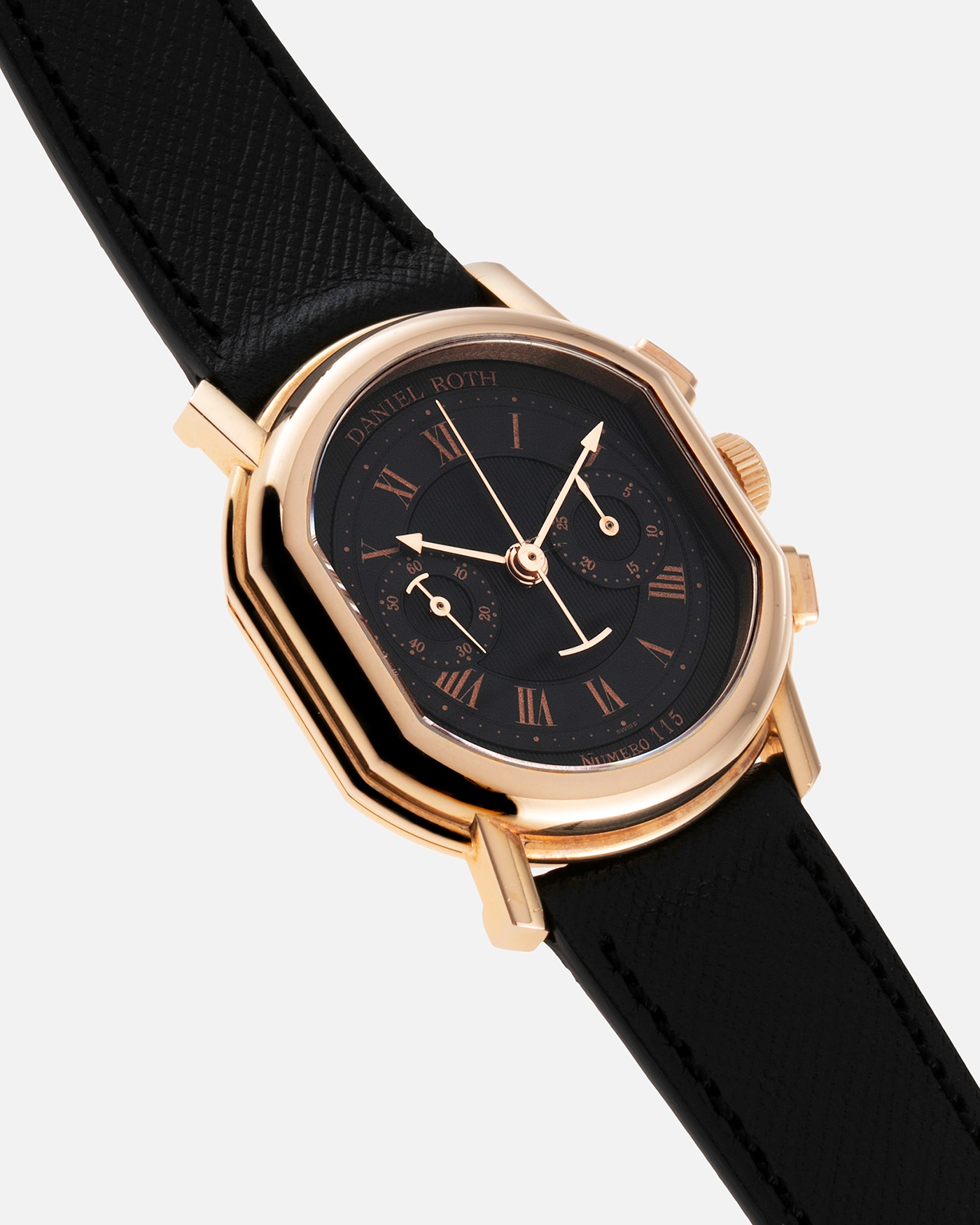 Brand: Daniel Roth Year: 1990’s Model: 2147 Material: 18k Rose Gold Movement: Lemania 2320 Case Diameter: 35mm X 38mm Strap: Molequin Black Textured Calf Leather and Gold Plated Tang Buckle