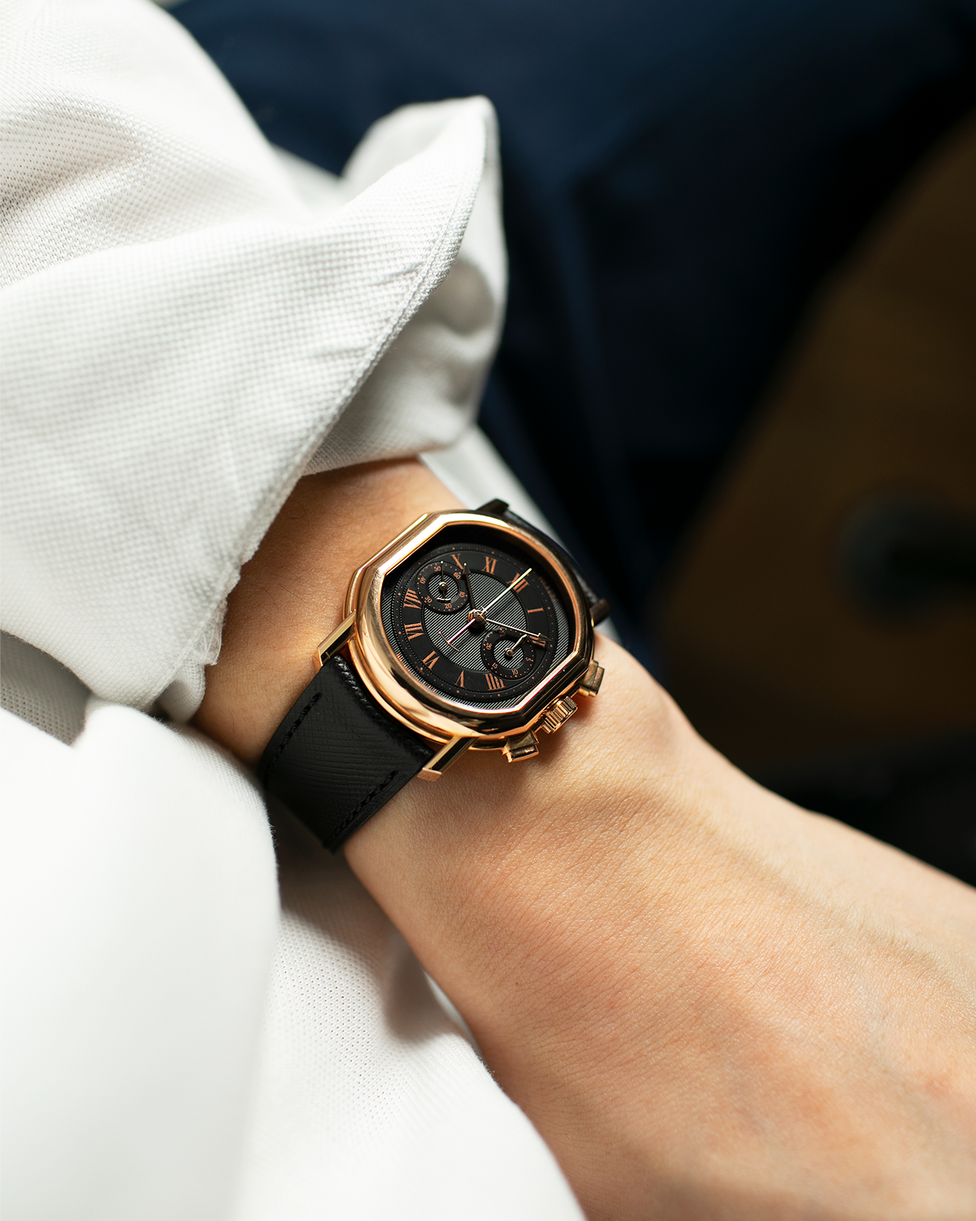 Brand: Daniel Roth Year: 1990’s Model: 2147 Material: 18k Rose Gold Movement: Lemania 2320 Case Diameter: 35mm X 38mm Strap: Molequin Black Textured Calf Leather and Gold Plated Tang Buckle