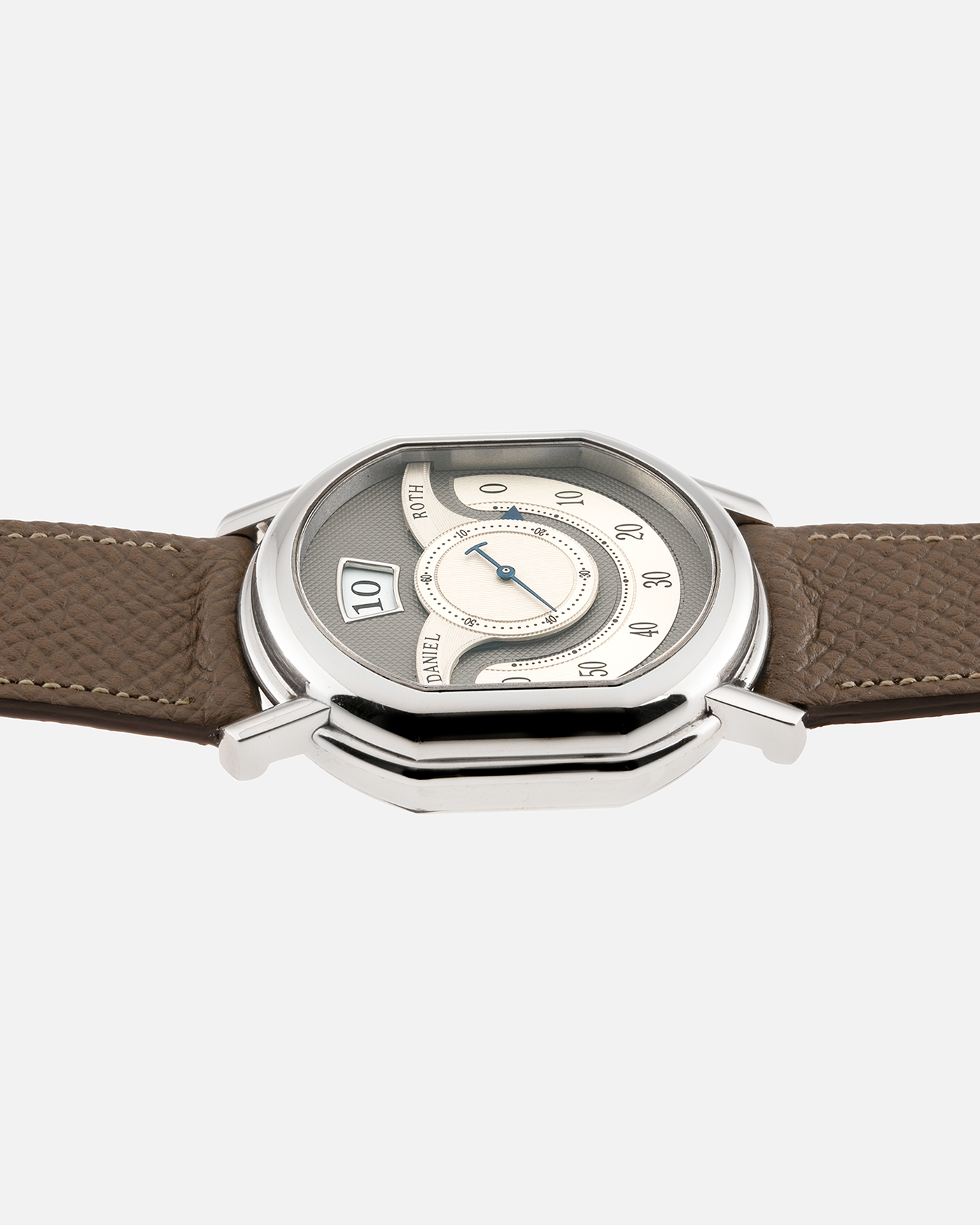 Brand: Daniel Roth Year: 1999 Model: 10th Anniversary Papillon Material: Platinum Movement: Daniel Roth Calibre DR113 Case Diameter: 35mm X 41mm X 11mm Strap: Nostime Taupe Textured Calf Strap with Platinum Tang Buckle