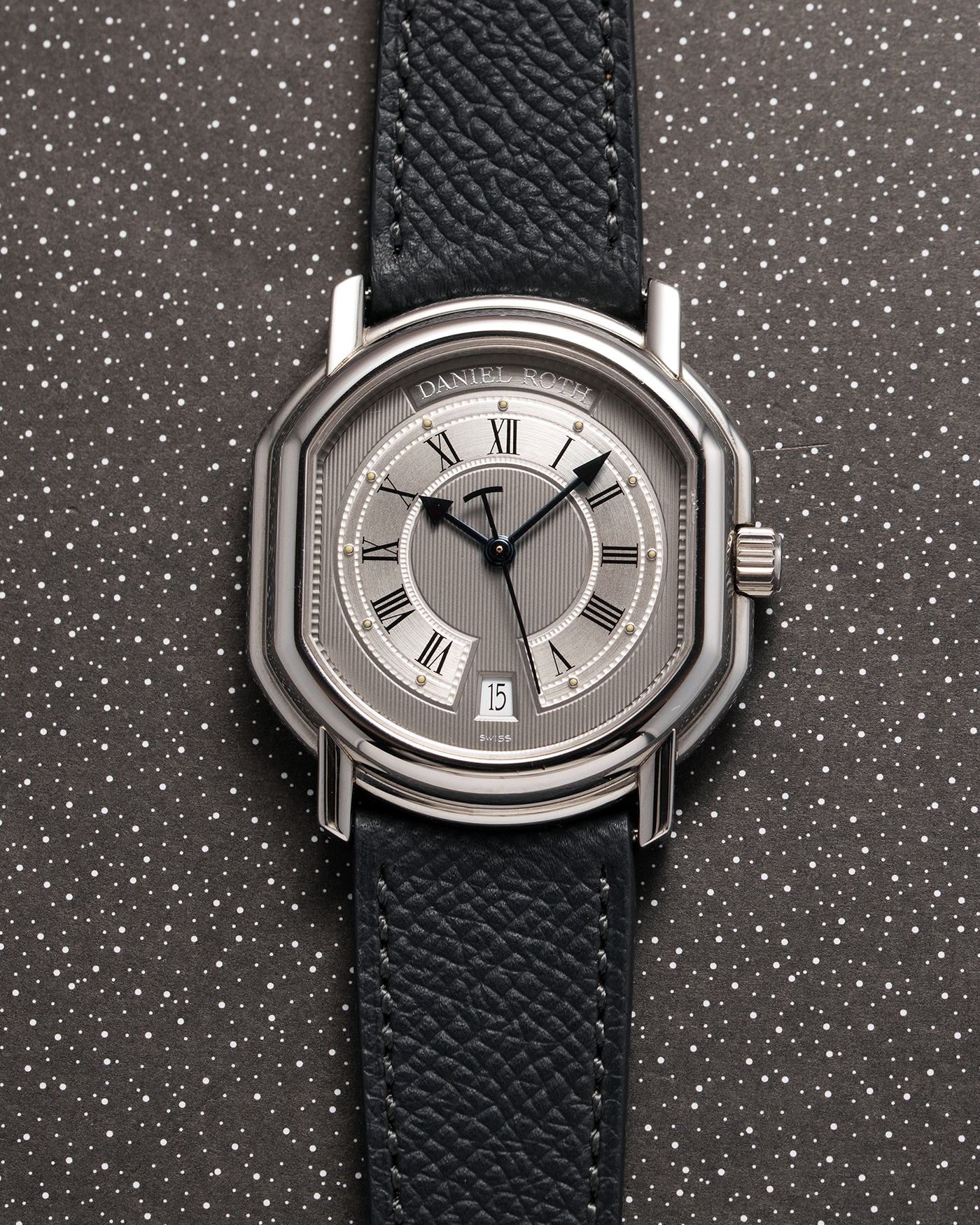 Brand: Daniel Roth Year: 1990’s Model: S177 Material: Stainless Steel Case Diameter: 35mmX38mm Bracelet/Strap: Molequin Anthracite Grained Calf with Generic Stainless Steel Tang Buckle