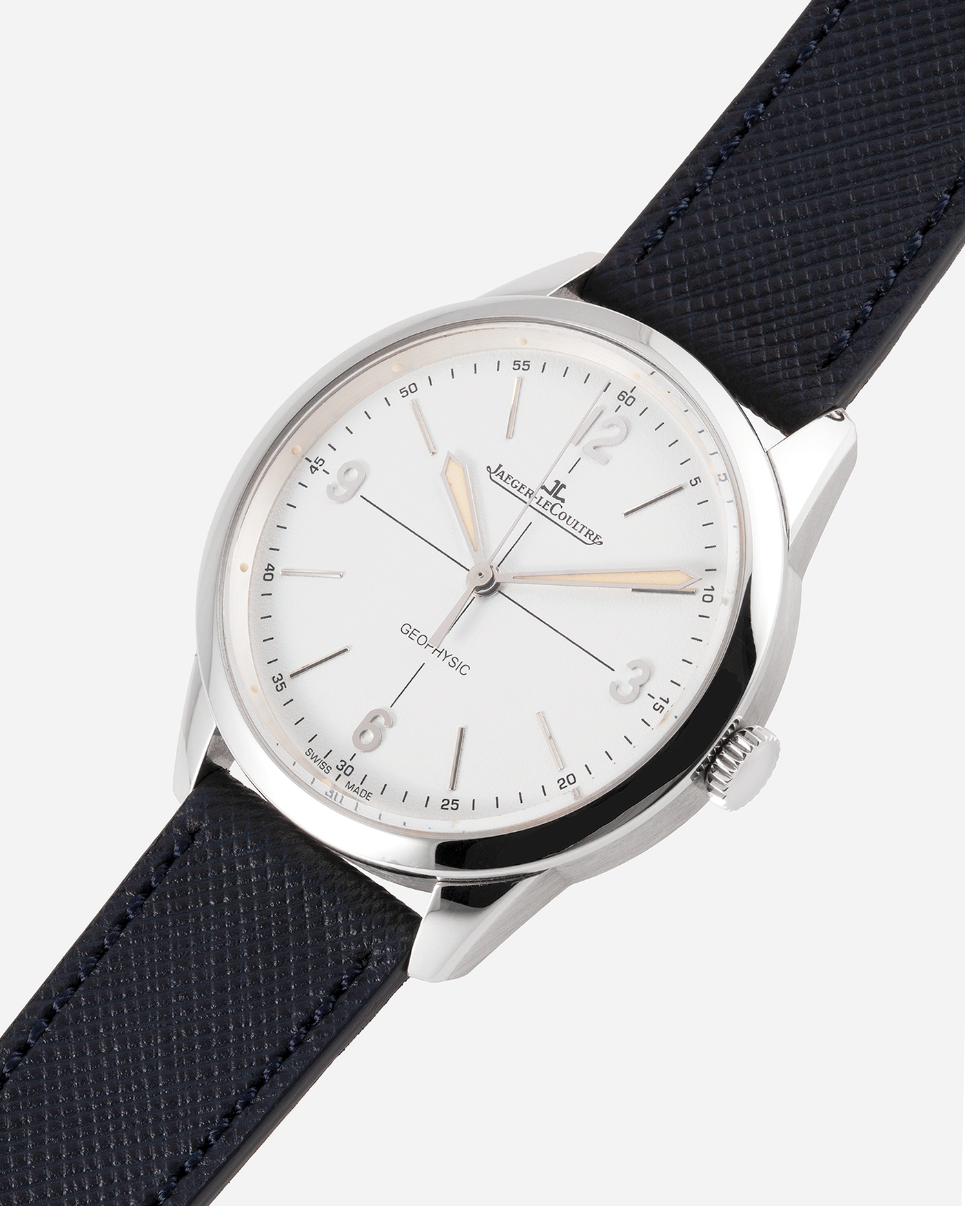 Brand: Jaeger-LeCoultre Year: 2014 Model: Geophysic 1958 Reference Number: Q8008520 Material: Stainless Steel Movement: In-house self winding Cal. 898/1 Case Diameter: 38.5mm Bracelet/Strap: Black Jaeger-LeCoultre Alligator Strap and Stainless Steel Tang Buckle and Molequin X S.Song Navy Calf Strap