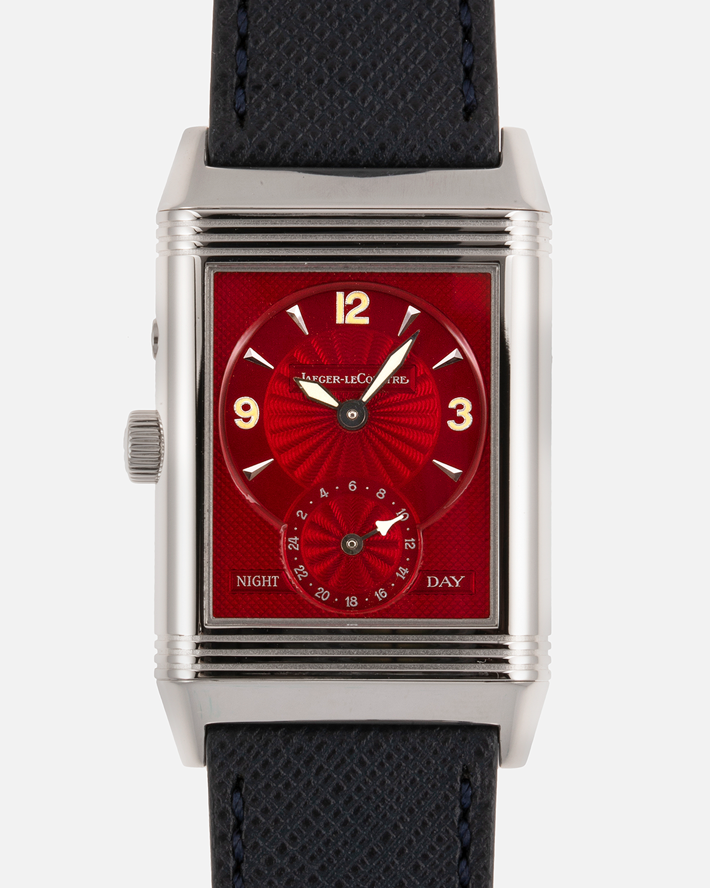 Brand: Jaeger-LeCoultre Year: 2000’s Model: Reverso Duoface Japan Edition Red, Ref. 270.1.54 Material: Stainless Steel Movement: JLC Cal. 854, Manual-Wind Case Diameter: 42 x 26mm Bracelet/Strap: Molequin Black Textured Calf with Stainless Steel Tang Buckle