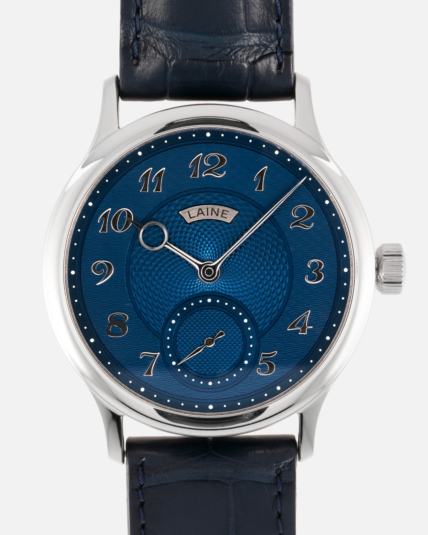 Brand: Laine Year: 2021 Model: V38 Material: Stainless Steel Movement: Vaucher VMF 5401  Case Diameter: 38mm Strap: Dark Blue Laine Alligator Strap and Signed Stainless Steel Tang Buckle