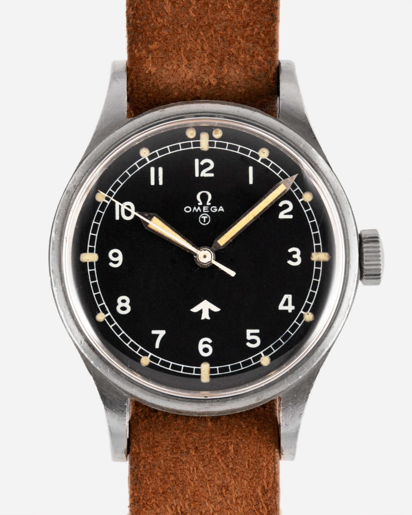 Brand: Omega Year: 1953 Model: Fat Arrow 53 Reference Number: CK 2777-1 Material: Stainless Steel Movement: ‘Specially Adjusted’ Cal. 283 Case Diameter: 37mm Lug Width: 18mm Bracelet/Strap: JPM X S.Song Sand Brown Distressed Leather NATO