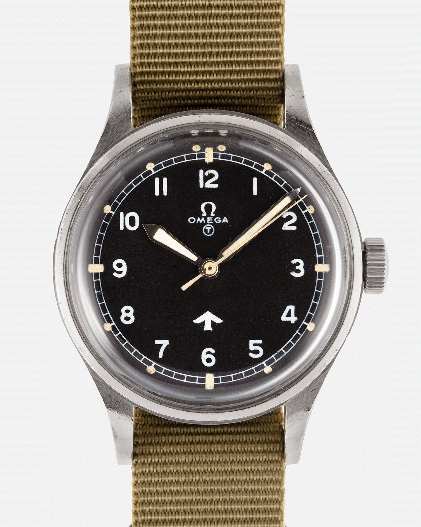 Brand: Omega Year: 1953 Model: Fat Arrow 53 Reference Number: CK 2777-1 Material: Stainless Steel Movement: ‘Specially Adjusted’ Cal. 283 Case Diameter: 37mm Lug Width: 18mm Bracelet/Strap: Green Fabric NATO