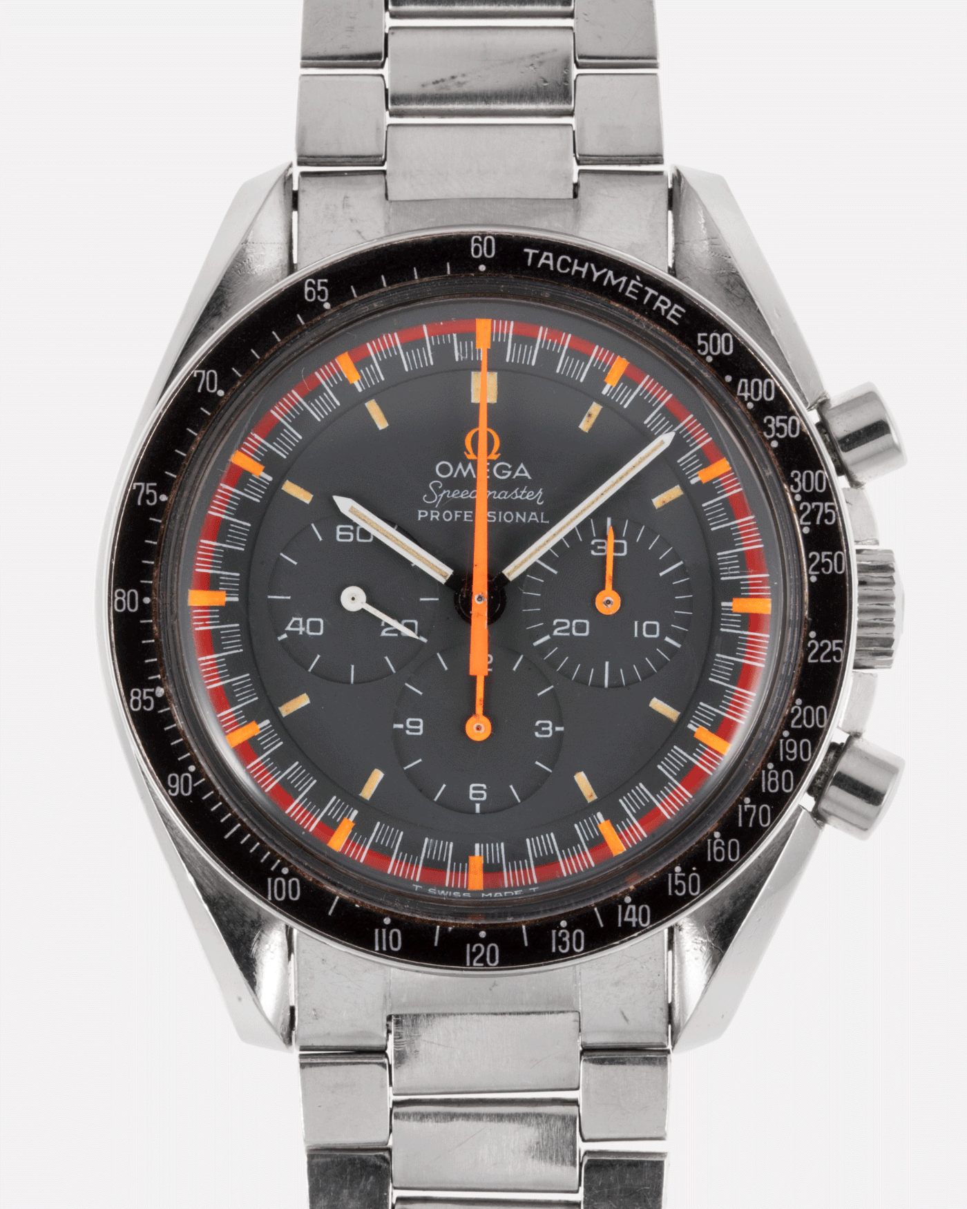 Brand: Omega Year: June 1970 Model: Speedmaster Professional Racing Dial Reference Number: 145.022 Serial Number: 29XXXXXX Material: Stainless Steel Movement: Cal. 861 Case Diameter: 42mm Lug Width: 20mm Bracelet/Strap: Omega 1039 Flat Link Bracelet Dated 2.70 with 516 End Links