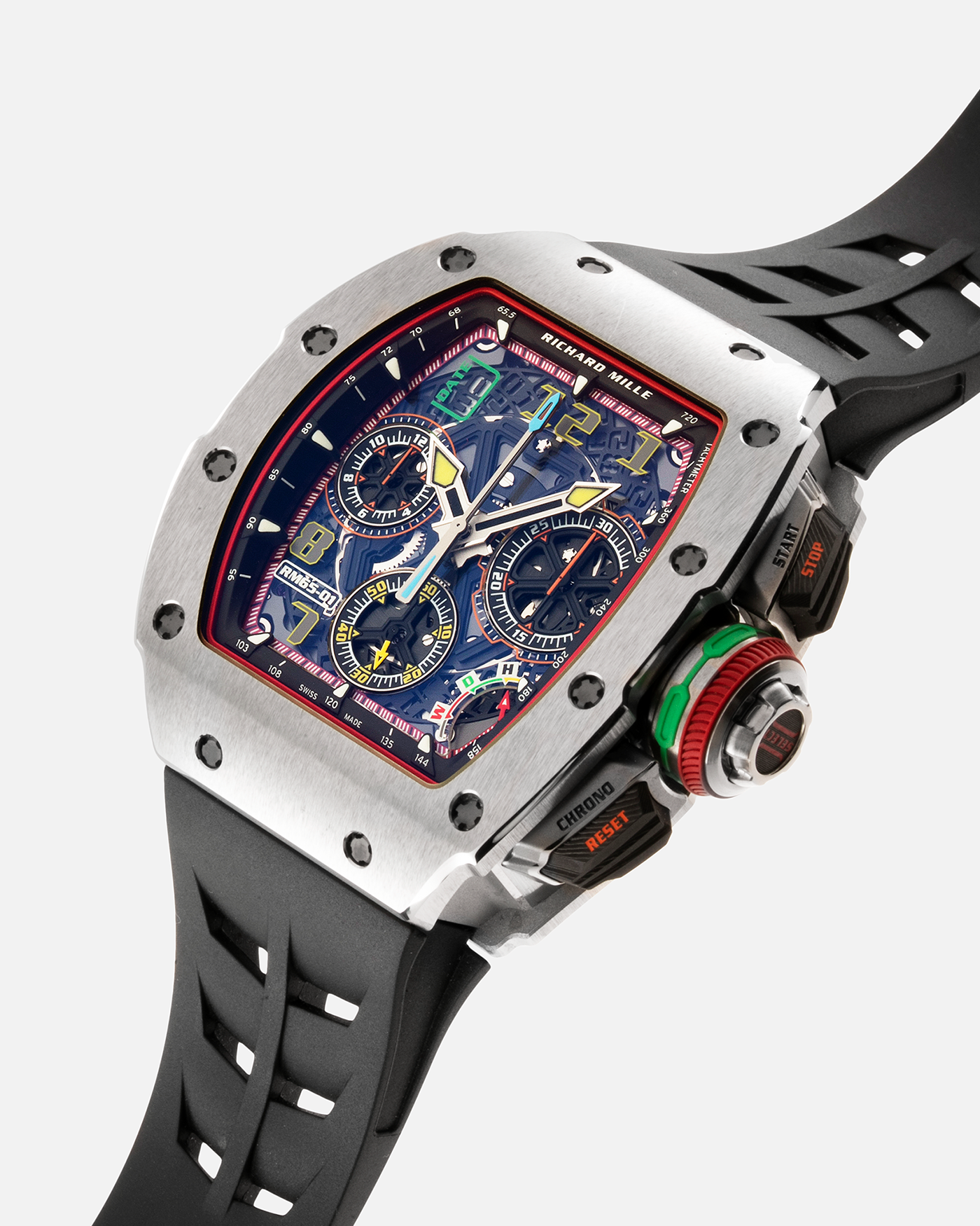 Brand: Richard Mille Year: 2022 Model: RM65-01 Material: Titanium Movement: Cal. RMAC4 Case Diameter: 44mm X 49.9mm Bracelet: Richard Mille Black Rubber Strap with Titanium Deployant Clasp and Additional Richard Mille Green Rubber Strap