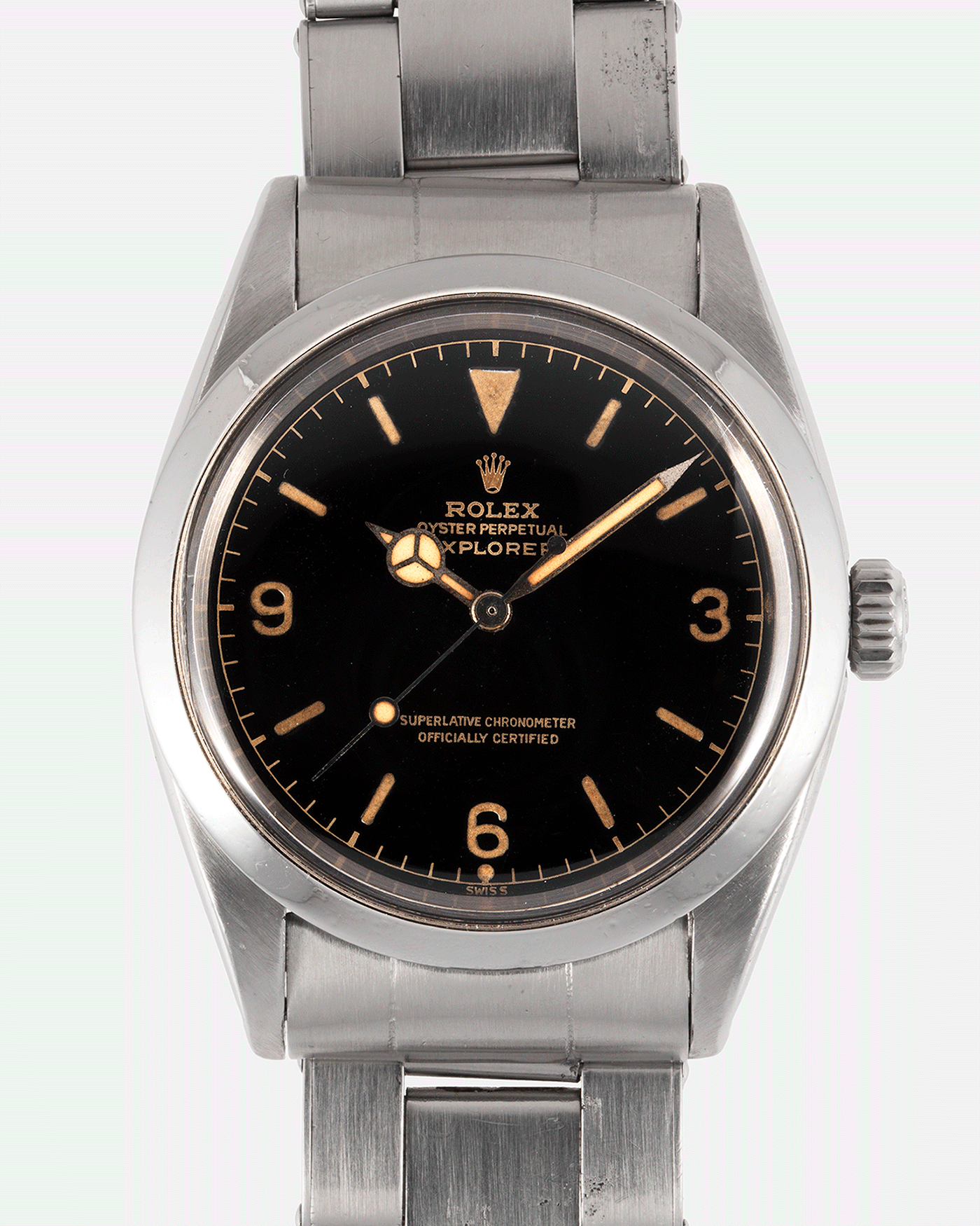 Brand: Rolex Year: Circa 1962 Model: Explorer Reference Number: 1016 Serial Number: 74XXXX Material: Stainless Steel Movement: Cal. 1560 Case Diameter: 36mm Lug Width: 20mm Bracelet/Strap: Rolex 7206 Rivet Bracelet with 58 end links dated 4.62