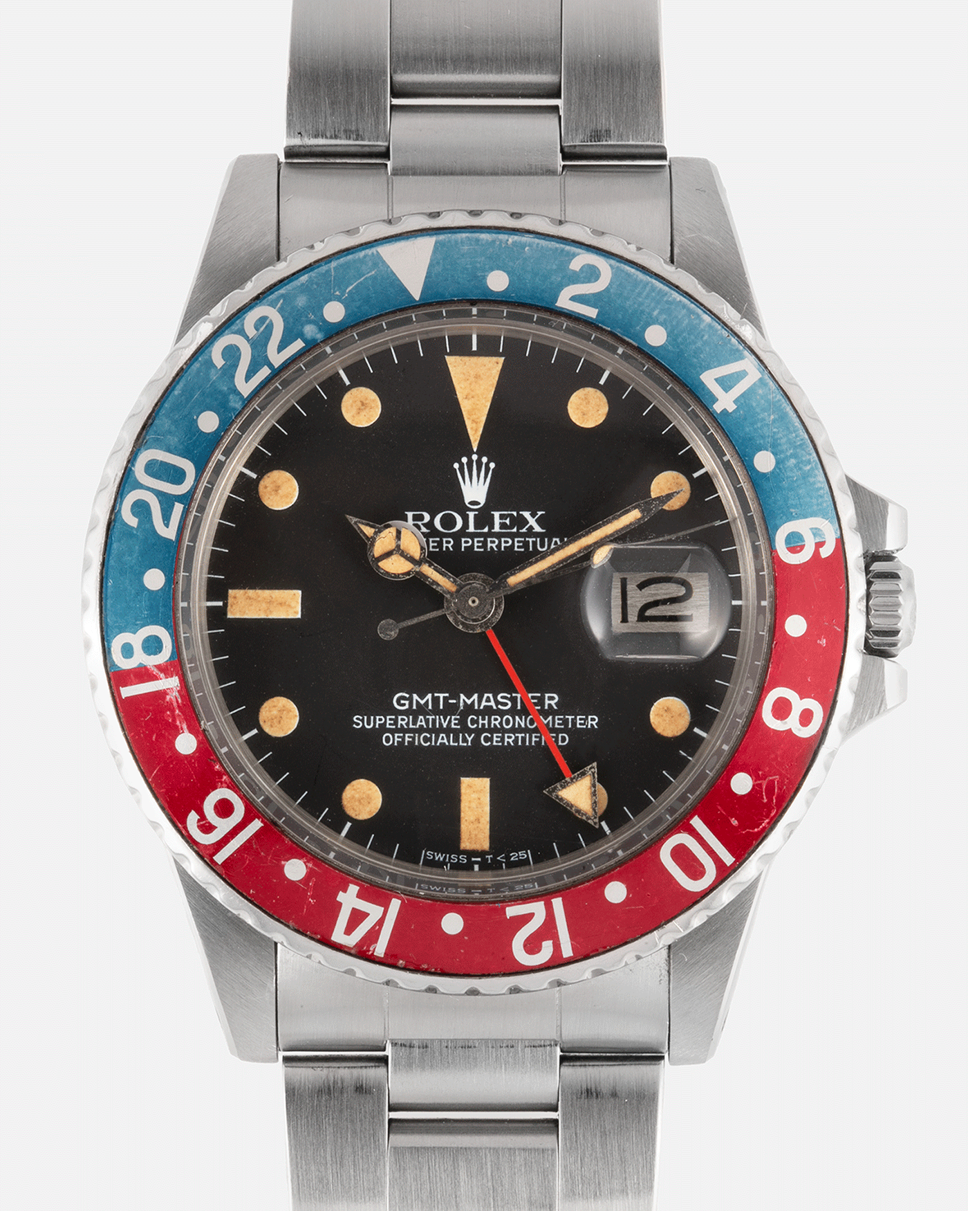 Brand: Rolex Year: 1977 Model: GMT-Master Reference Number: 1675 Serial Number: 519XXXX Material: Stainless Steel Movement: Cal. 1570 Case Diameter: 40mm Lug Width: 20mm Bracelet: Rolex 78360 Heavy Oyster Bracelet with 580 Endlinks and ‘A’ Stamp