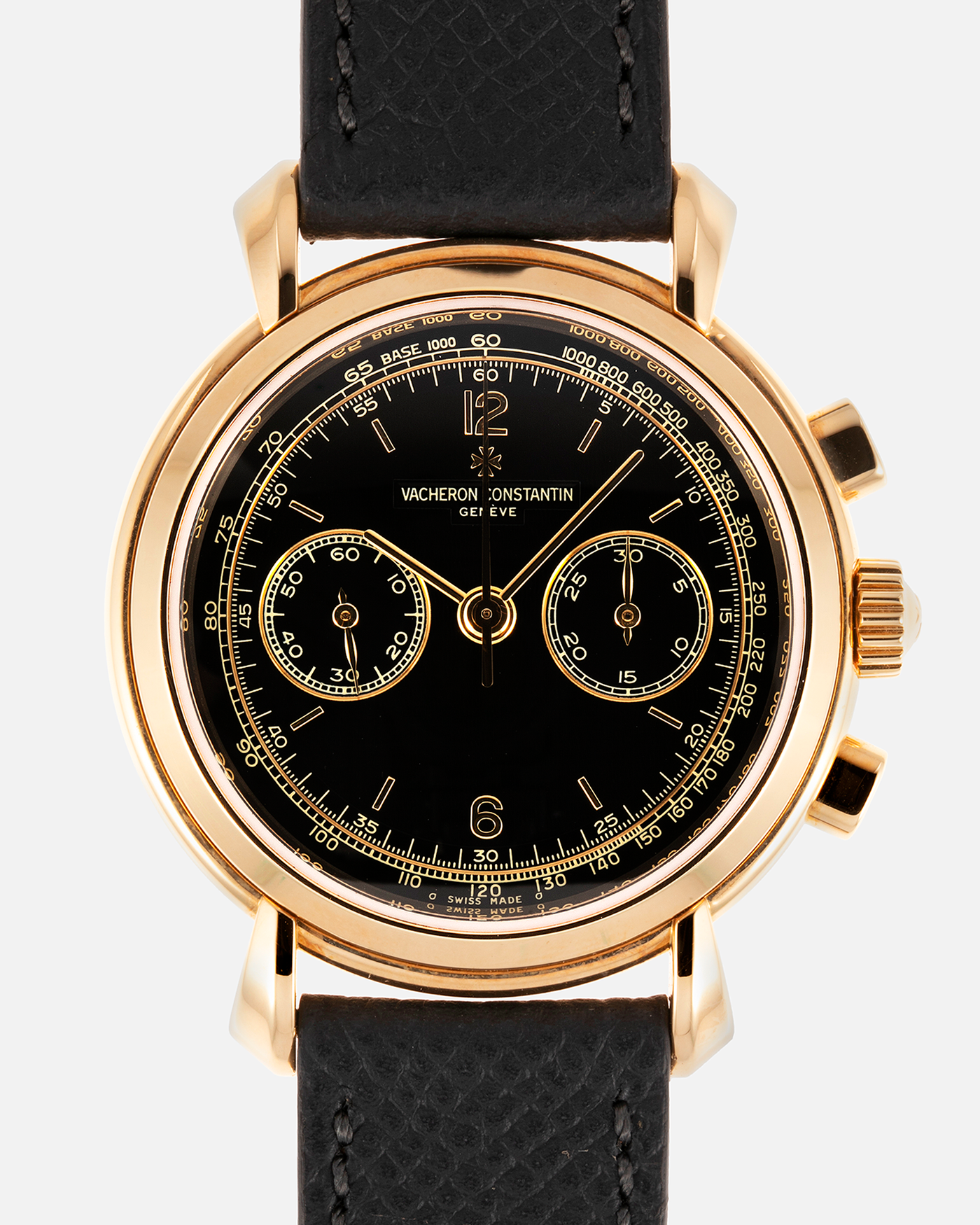 Brand: Vacheron Constantin Year: 1990’s Model: Les Historiques Chronograph  Reference Number: 47101 Material: 18k Yellow Gold Movement: Lemania 2320 Based Cal. 1141 Case Diameter: 37mm Bracelet: Molequin Anthracite Grey Textured Calf with 18k Yellow Gold Tang Buckle