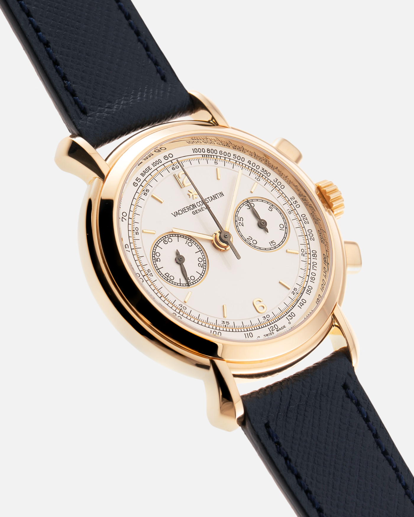 Brand: Vacheron Constantin Year: 1990’s Model: Les Historiques Chronograph  Reference Number: 47101 Material: 18k Yellow Gold Movement: Lemania 2320 Based Cal. 1141 Case Diameter: 37mm Bracelet: Molequin Navy Blue Textured Calf with 18k Yellow Gold Tang Buckle