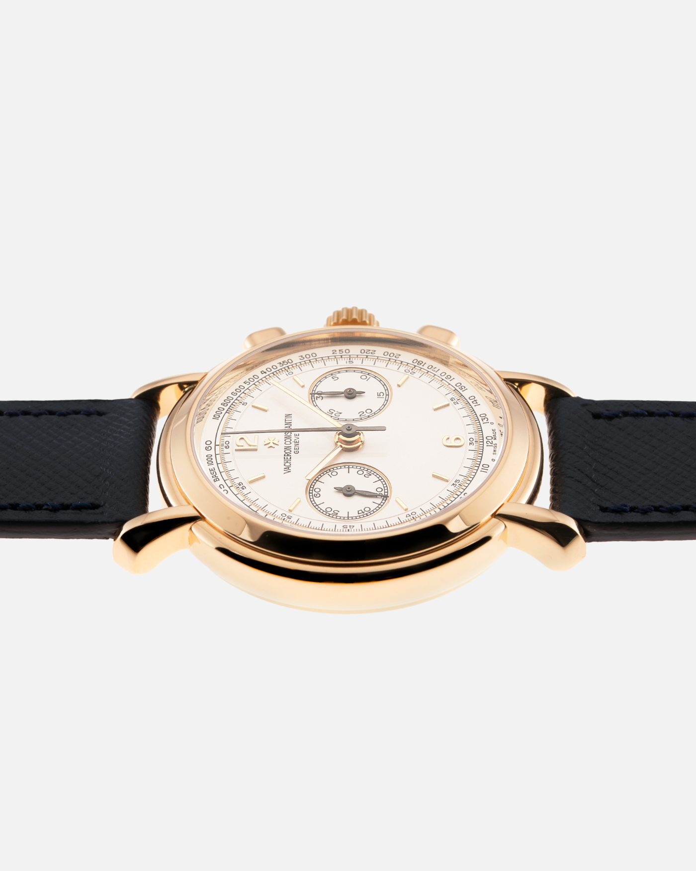 Brand: Vacheron Constantin Year: 1990’s Model: Les Historiques Chronograph  Reference Number: 47101 Material: 18k Yellow Gold Movement: Lemania 2320 Based Cal. 1141 Case Diameter: 37mm Bracelet: Molequin Navy Blue Textured Calf with 18k Yellow Gold Tang Buckle
