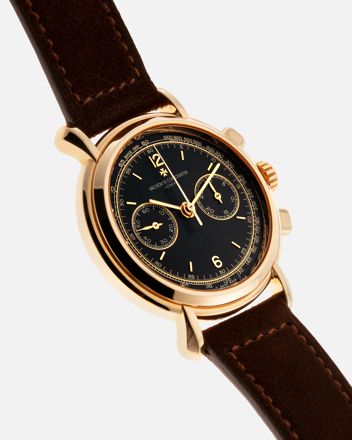 Brand: Vacheron Constantin Year: 2000's Model: Les Historiques Chronograph  Reference Number: 47101 Material: 18k Yellow Gold Movement: Lemania 2320 Based Cal. 1141 Case Diameter: 37mm Bracelet: Brown Suede with 18k Yellow Gold Tang Buckle