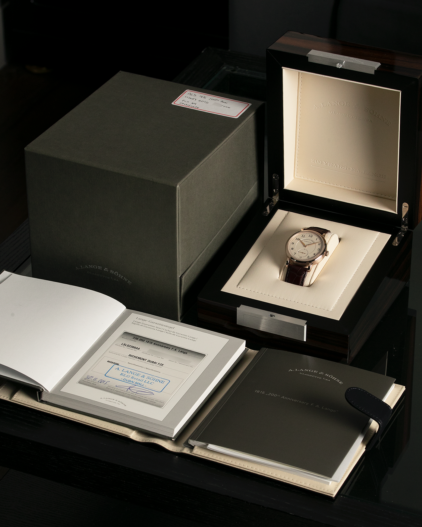 Brand: A. Lange & Söhne Year: 2015 Model: 1815 200th Anniversary F. A. Lange, Limited Edition of 200 pieces Ref Number: 236.050 Material: Honey Gold Movement: A. Lange & Söhne Cal. L051.1, Manual-Winding Case Diameter: 40mm Strap: A. Lange & Söhne Brown Alligator with Signed Honey Gold Tang Buckle