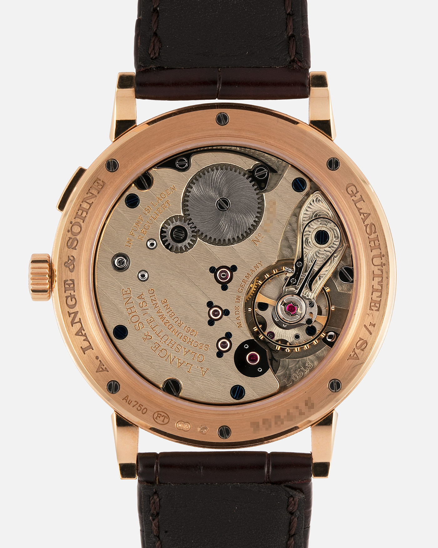Brand: A. Lange & Söhne
Year: 2018
Model: 1815 Annual Calendar
Material: 18k Rose Gold
Movement: Manual Winding L051.3
Case Diameter: 40mm
Bracelet/Strap: A. Lange & Söhne Dark Brown Alligator Strap with signed 18k Rose Gold Tang Buckle