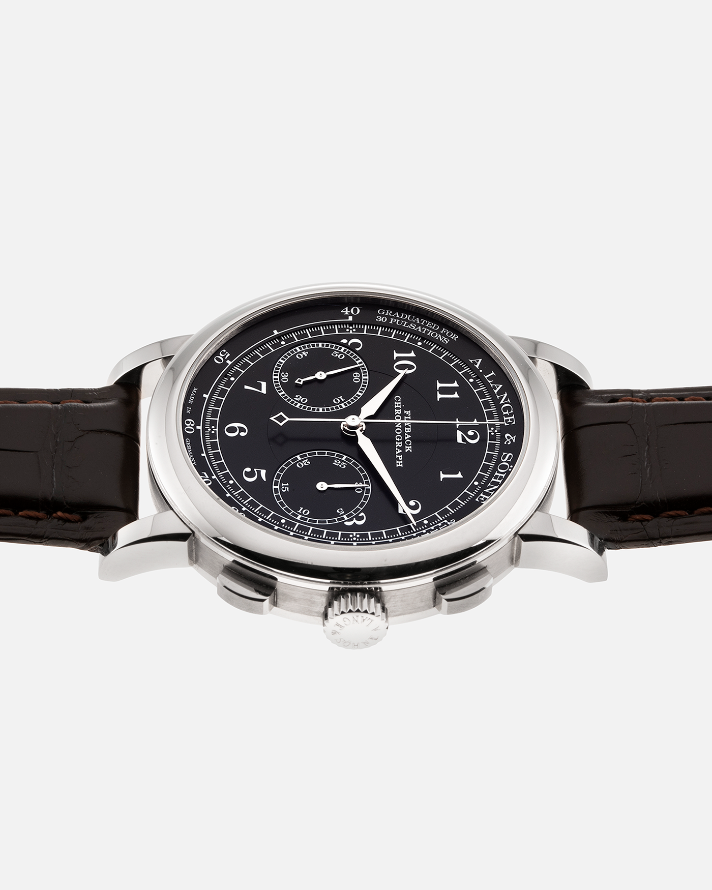 Brand: A. Lange & Söhne Year: 2022 Model: 1815 Chronograph Reference: 414.028 Material: 18-carat White Gold Movement: Cal. L951.5, Manual-Winding Case Diameter: 39.5mm Bracelet/Strap: A. Lange & Söhne Dark Brown Alligator Strap with signed 18-carat White Gold Tang Buckle