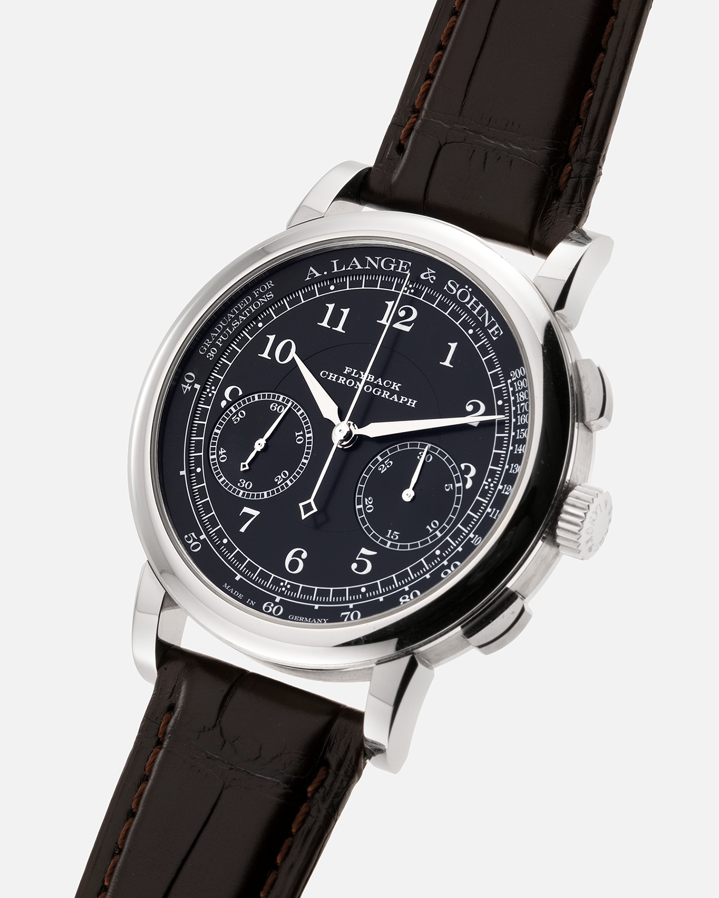Brand: A. Lange & Söhne Year: 2022 Model: 1815 Chronograph Reference: 414.028 Material: 18-carat White Gold Movement: Cal. L951.5, Manual-Winding Case Diameter: 39.5mm Bracelet/Strap: A. Lange & Söhne Dark Brown Alligator Strap with signed 18-carat White Gold Tang Buckle