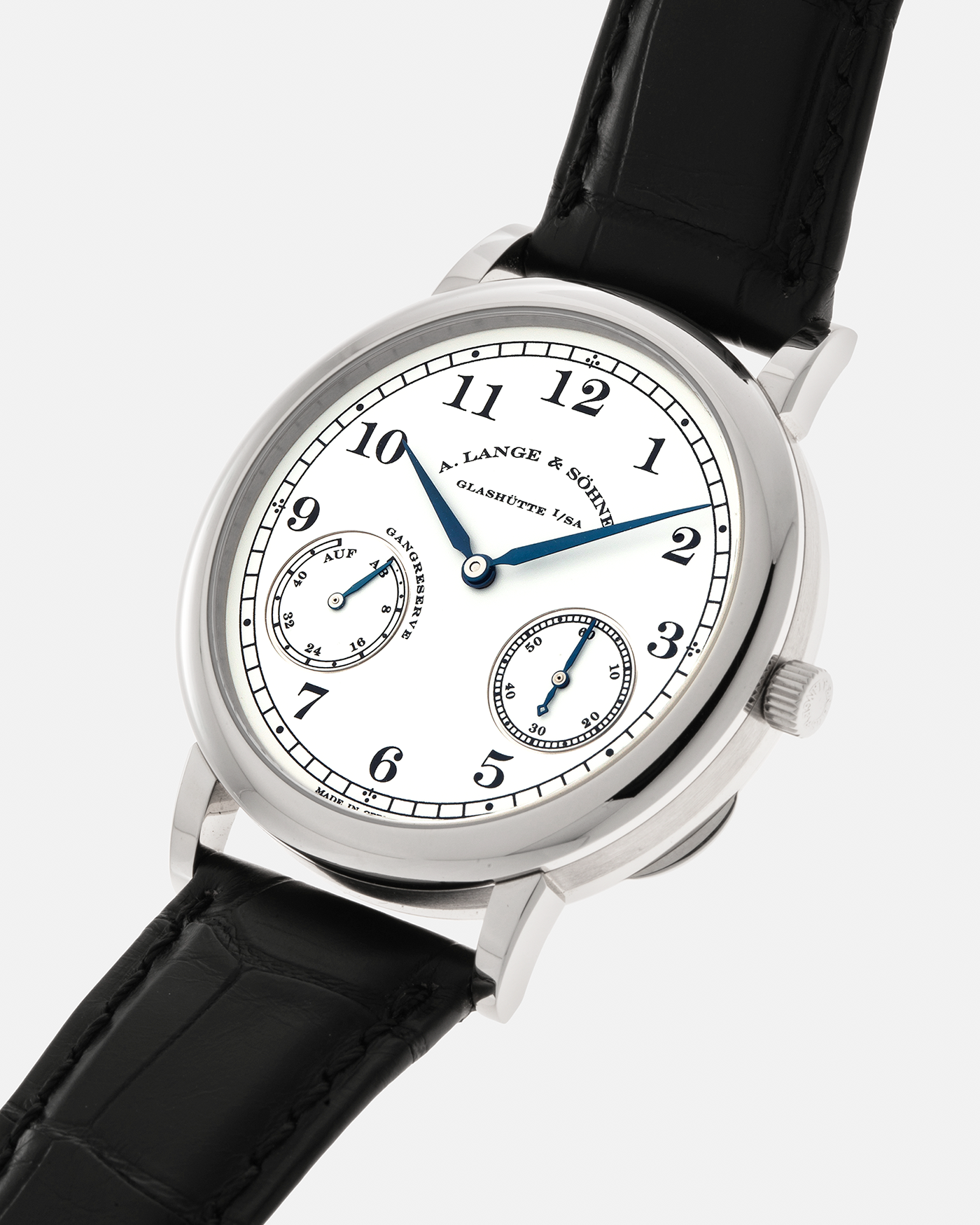 Year: 2009 Model: 1815 Up & Down ‘Walter Lange’, Limited to 50 Pieces in White Gold Reference Number: 223.026 Material: 18-carat White Gold Movement: Cal. L942.1, Manual-Winding Case Dimensions: 37.5mm x 9mm Lug Width: 19mm Strap: A. Lange & Söhne Black Alligator Strap with Signed Platinum Tang Buckle