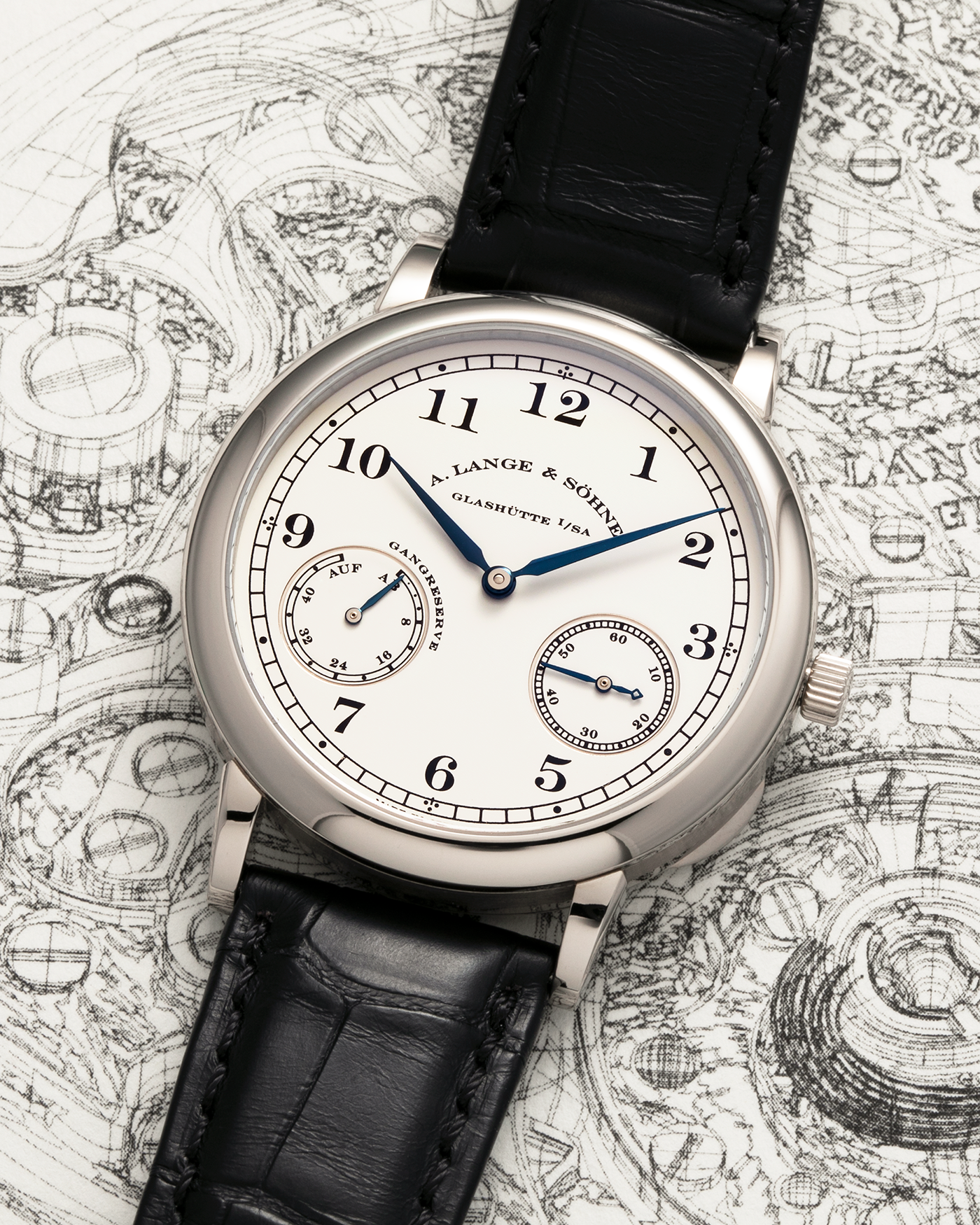 Year: 2009 Model: 1815 Up & Down ‘Walter Lange’, Limited to 50 Pieces in White Gold Reference Number: 223.026 Material: 18-carat White Gold Movement: Cal. L942.1, Manual-Winding Case Dimensions: 37.5mm x 9mm Lug Width: 19mm Strap: A. Lange & Söhne Black Alligator Strap with Signed Platinum Tang Buckle