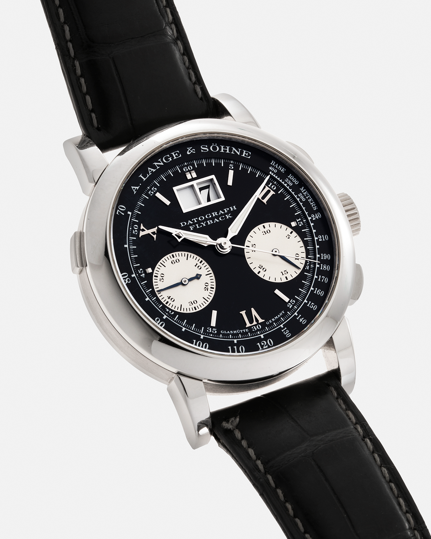 Brand: A. Lange & Söhne Year: 2007 Model: Datograph Reference Number: 403.035 Material: Platinum Movement: A. Lange & Söhne Cal. L951.1, Manual-Winding Case Diameter: 39mm Strap: A. Lange & Söhne Dark Grey Textured Calf with Signed Platinum Tang Buckle