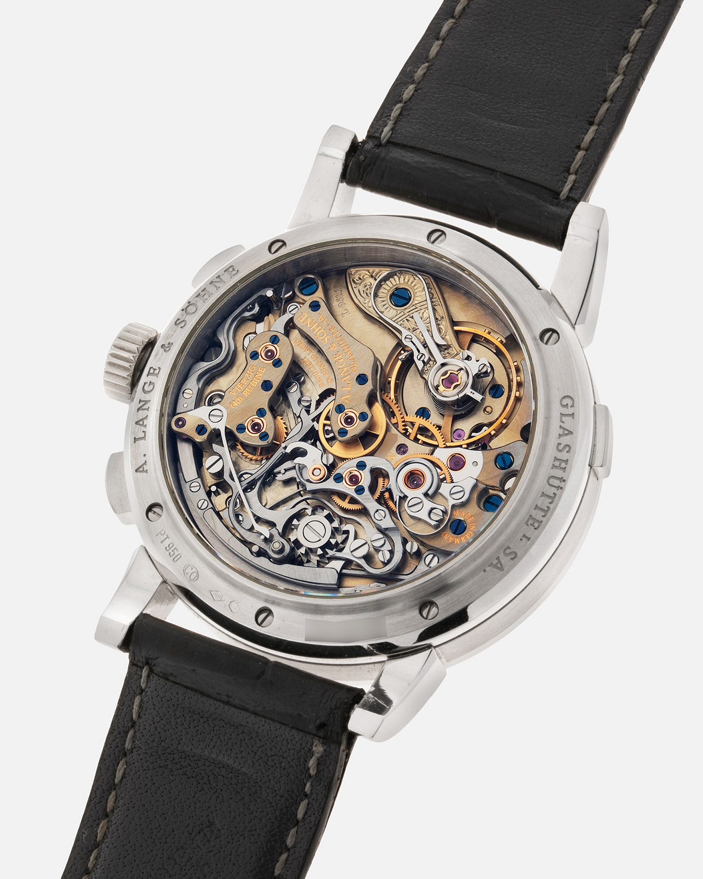 Brand: A. Lange & Söhne Year: 2007 Model: Datograph Reference Number: 403.035 Material: Platinum Movement: A. Lange & Söhne Cal. L951.1, Manual-Winding Case Diameter: 39mm Strap: A. Lange & Söhne Dark Grey Textured Calf with Signed Platinum Tang Buckle