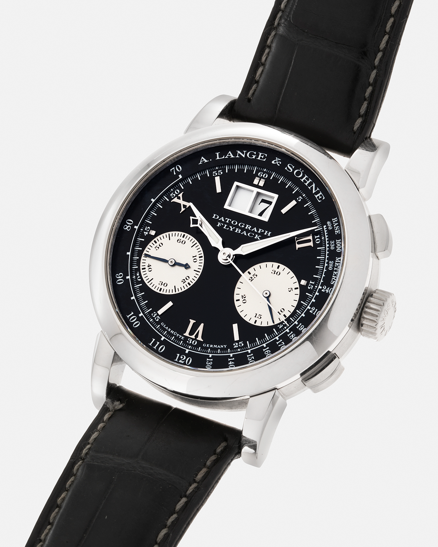 Brand: A. Lange & Söhne Year: 2007 Model: Datograph Reference Number: 403.035 Material: Platinum Movement: A. Lange & Söhne Cal. L951.1, Manual-Winding Case Diameter: 39mm Strap: A. Lange & Söhne Dark Grey Textured Calf with Signed Platinum Tang Buckle