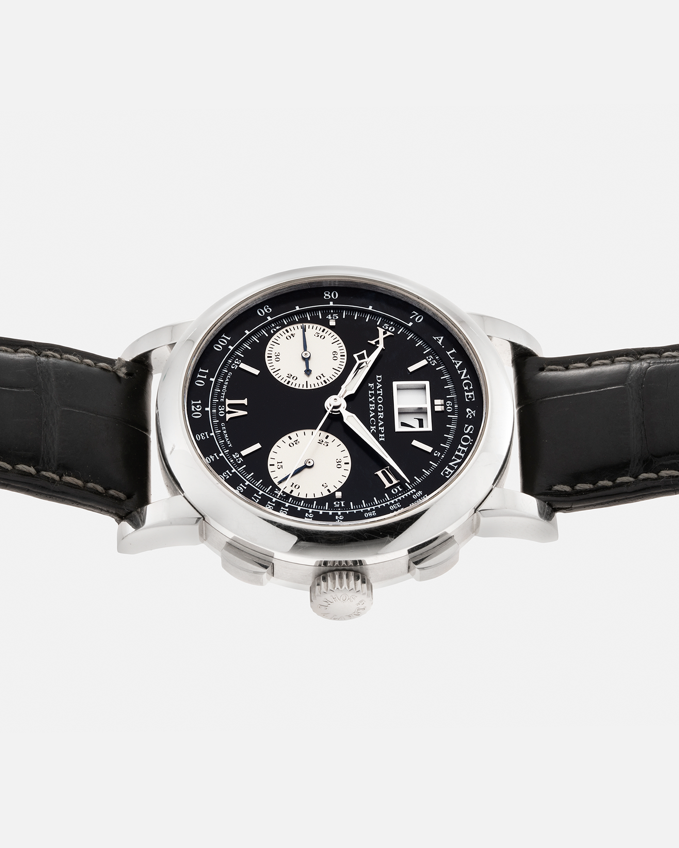 Brand: A. Lange & Söhne Year: 2007 Model: Datograph Reference Number: 403.035 Material: Platinum Movement: A. Lange & Söhne Cal. L951.1, Manual-Winding Case Diameter: 39mm Strap: A. Lange & Söhne Dark Grey Textured Calf with Signed Platinum Tang Buckle