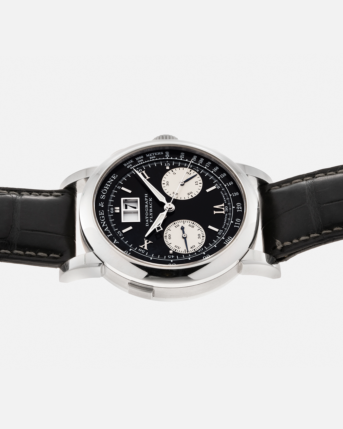 Brand: A. Lange & Söhne Year: 2007 Model: Datograph Reference Number: 403.035 Material: Platinum Movement: A. Lange & Söhne Cal. L951.1, Manual-Winding Case Diameter: 39mm Strap: A. Lange & Söhne Dark Grey Textured Calf with Signed Platinum Tang Buckle