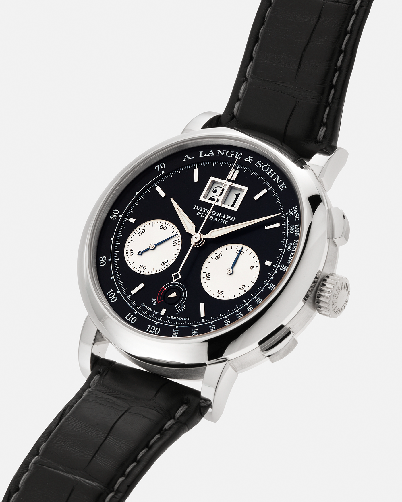 Brand: A. Lange & Söhne Year: 2020 Model: Datograph Up/Down Reference Number: 405.035 Material: Platinum 950 Movement: A. Lange & Söhne Cal. L951.6, Manual-Winding Case Dimensions: 41mm x 13.1mm Lug Width: 20mm Strap: A. Lange & Söhne Black Alligator Strap with Signed Platinum 950 Tang Buckle